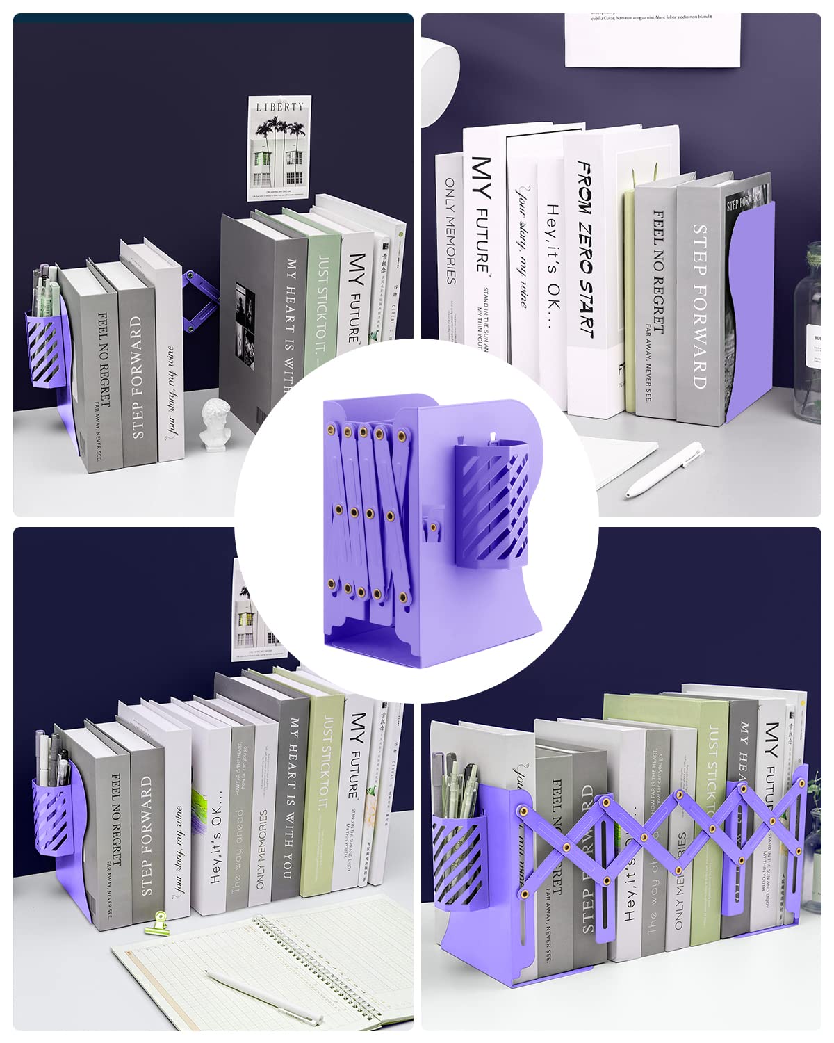 MSDADA Adjustable Bookends, Metal Book Ends for Heavy Books, Expandable Book Organizer with Pen