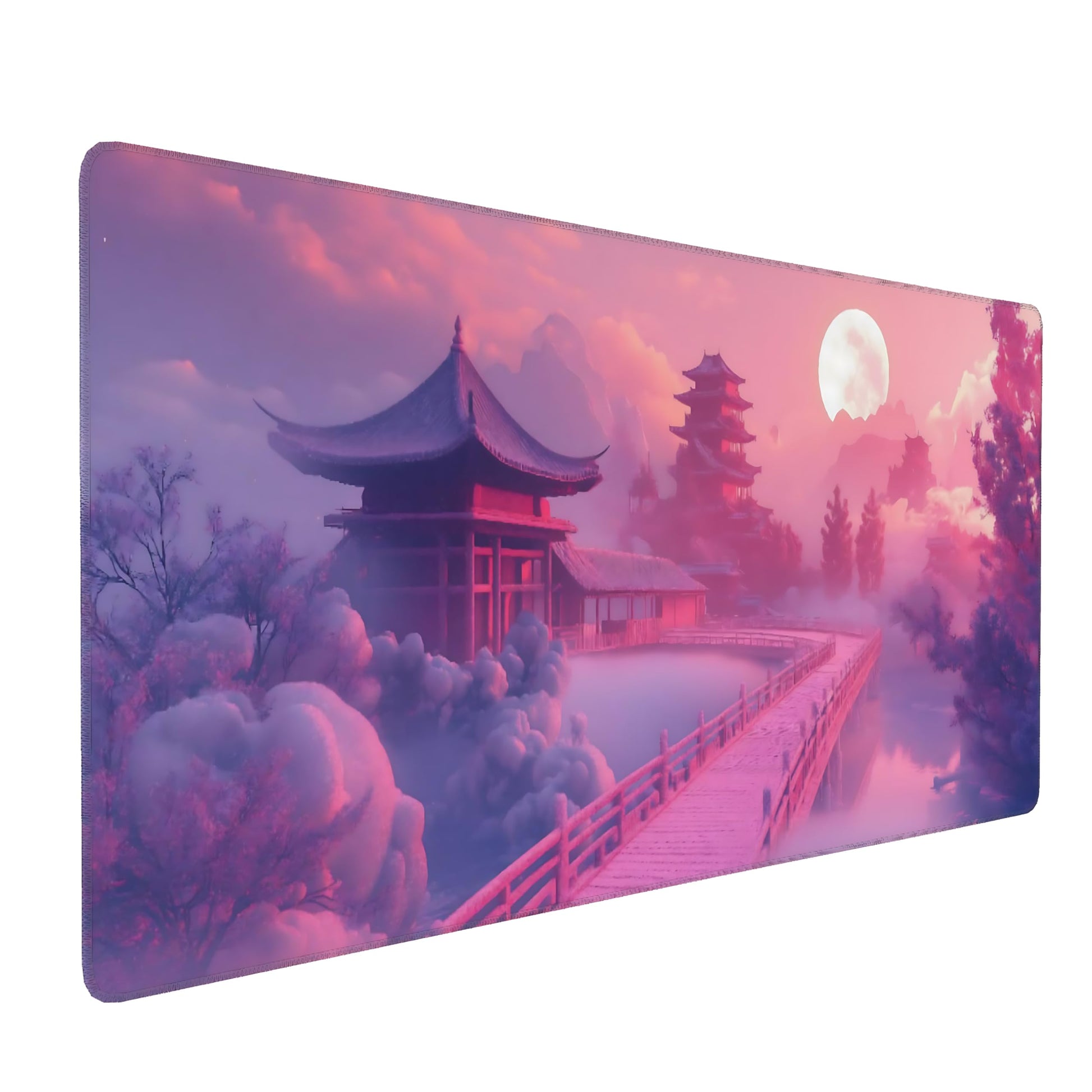 Cute Aesthetic Scenery Gaming Mouse Pad, Pink Japanese Desk Mat with Anti-Slip Base & Stitched