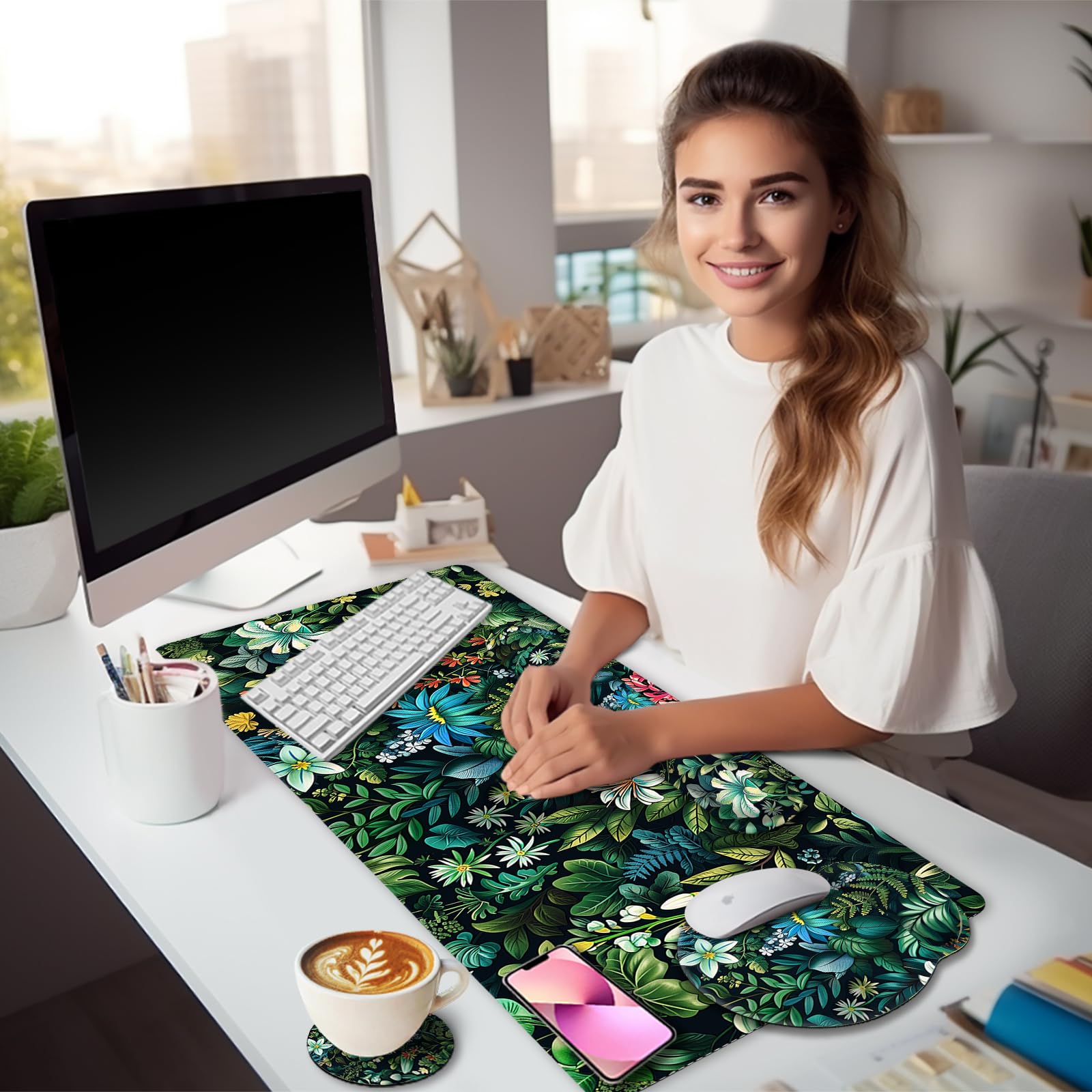 LIMKRIAN Floral Large Desk Mat Set, Green Mouse Pad with Wrist Rest