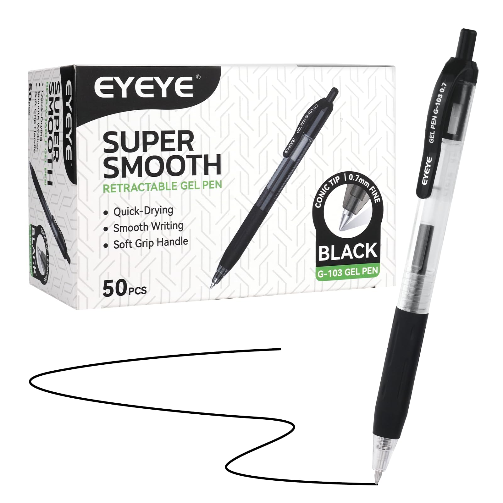 EYEYE G-103 Retractable Gel Pens Black 0.7mm, 50 Pack Medium Point Gel Ink Pens Quick Drying, 0.7