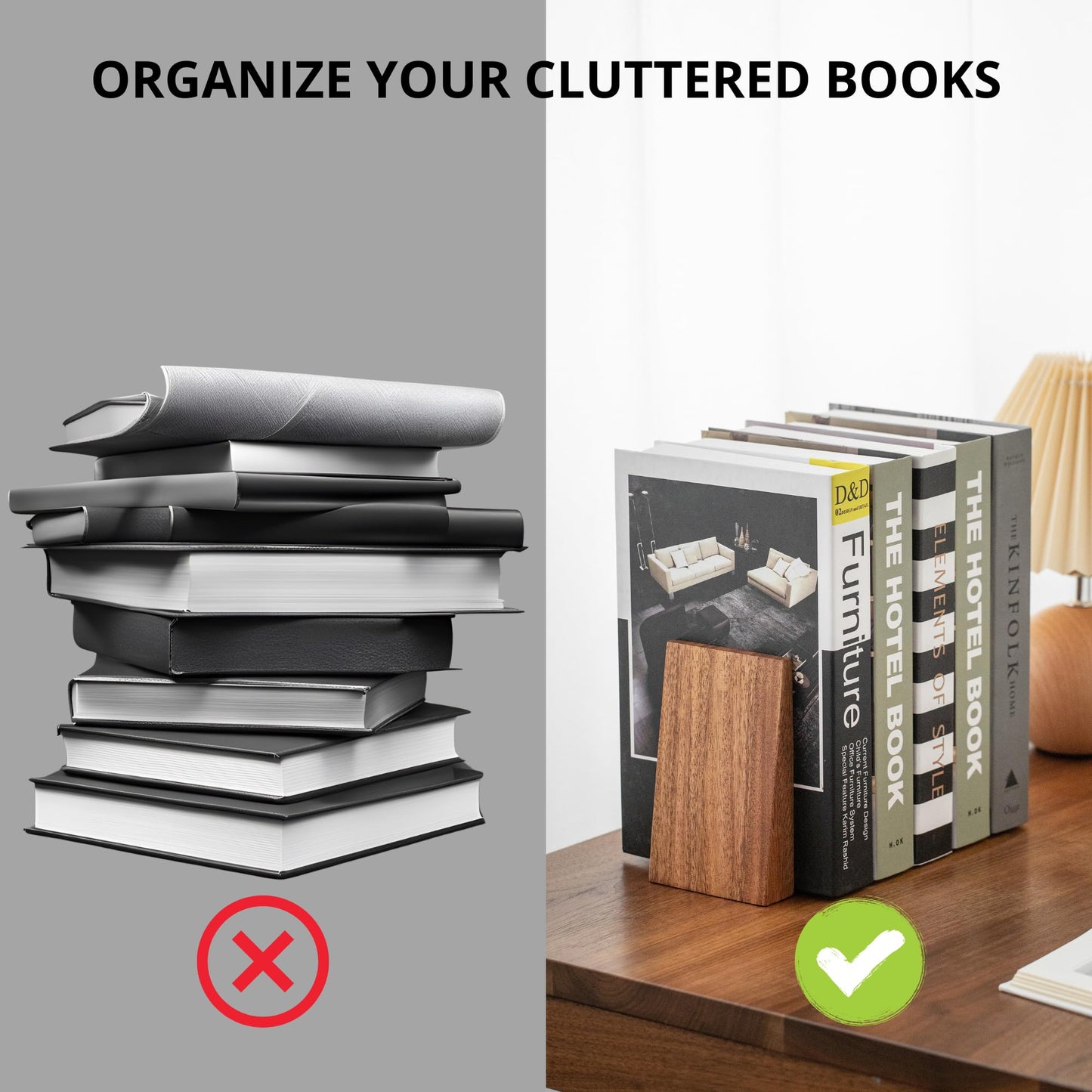 Muso Wood Book Ends, Thickened Wooden Bookends for Heavy Books, Creative Decorative Bookends for