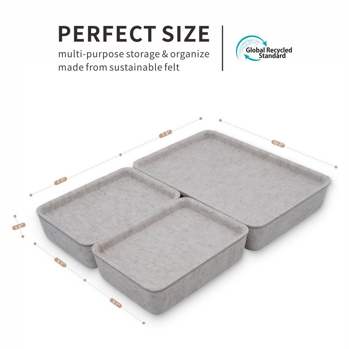 Welaxy Oatmeal Lidded Felt Drawer Organizers 3pc Office Makeup Storage Box