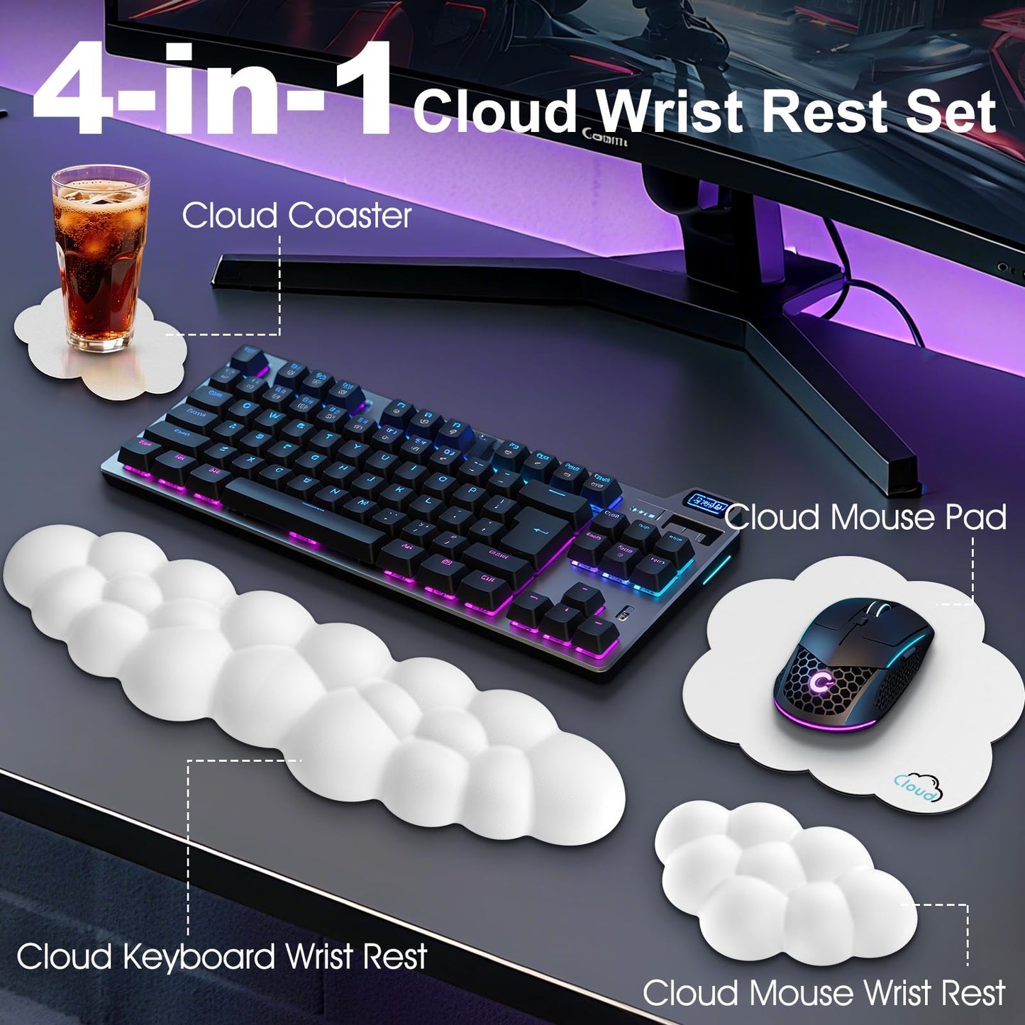 Retuhapy Cloud Wrist Rest Keyboard Cushion and Cloud Mouse Pad, White