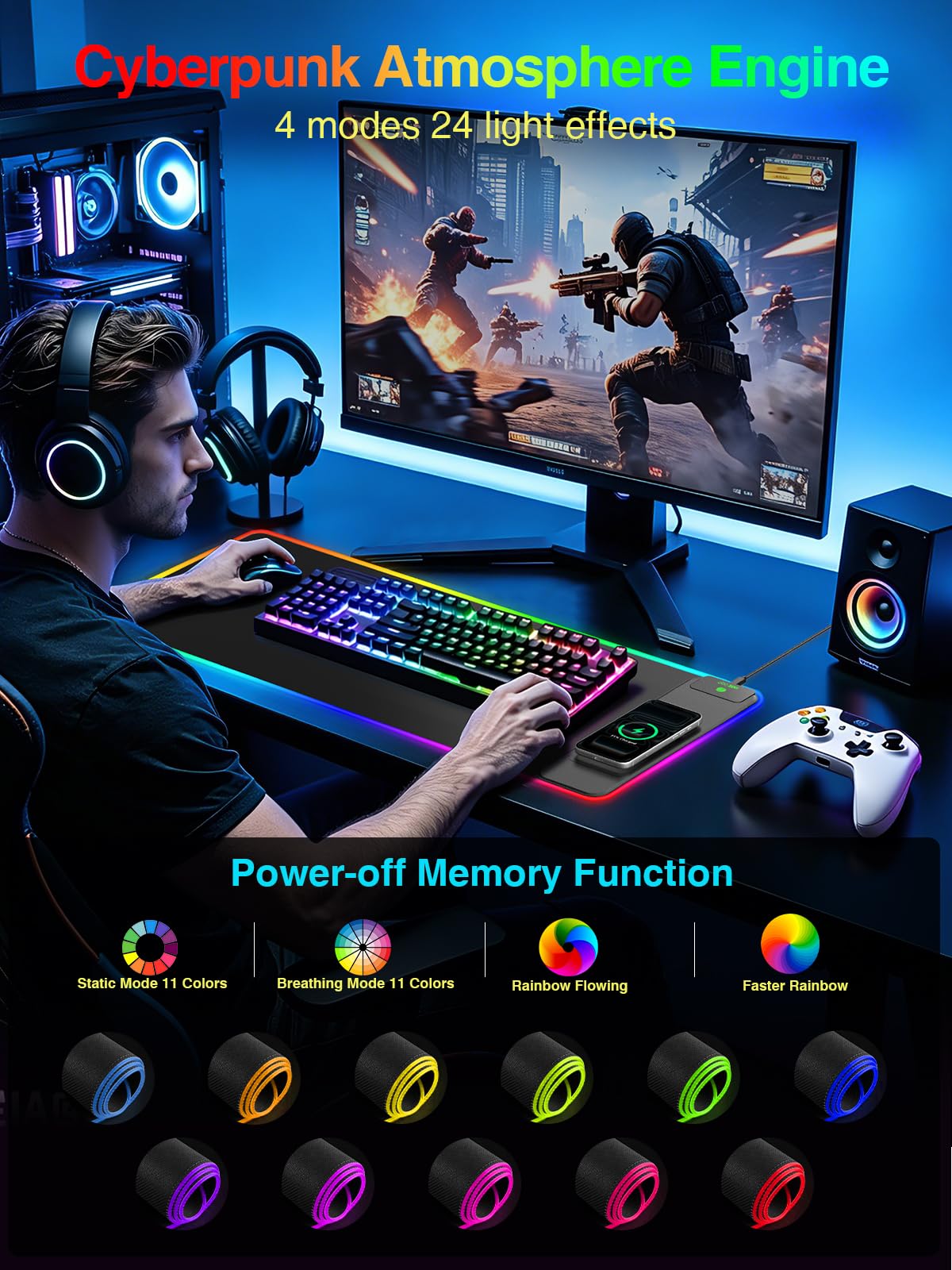 Wireless Charging Mouse Pad Gaming, 31.5"x11.8" Large Desk Mat, Waterproof