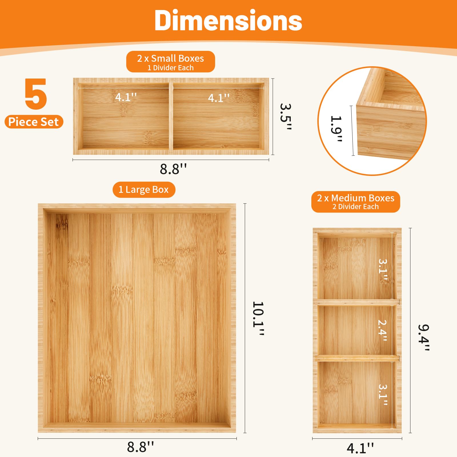 Bamboo Drawer Organizer, 5-Piece Stackable Trays with Removable Dividers