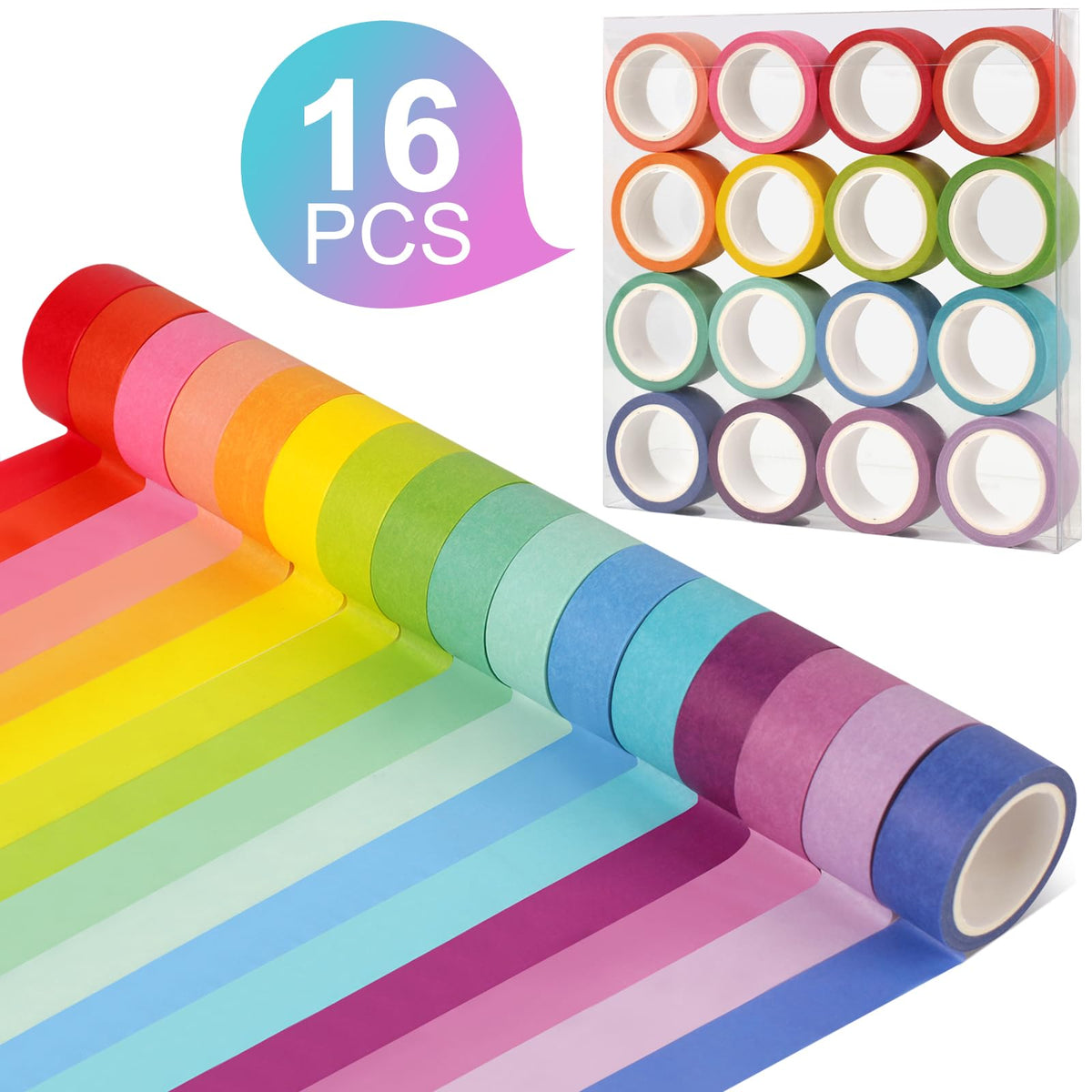 Phinus Washi Tape Set, 16 Pack Decorative Tape, Multicolor, 15mm x 3m, Reusable, Ideal for Gift