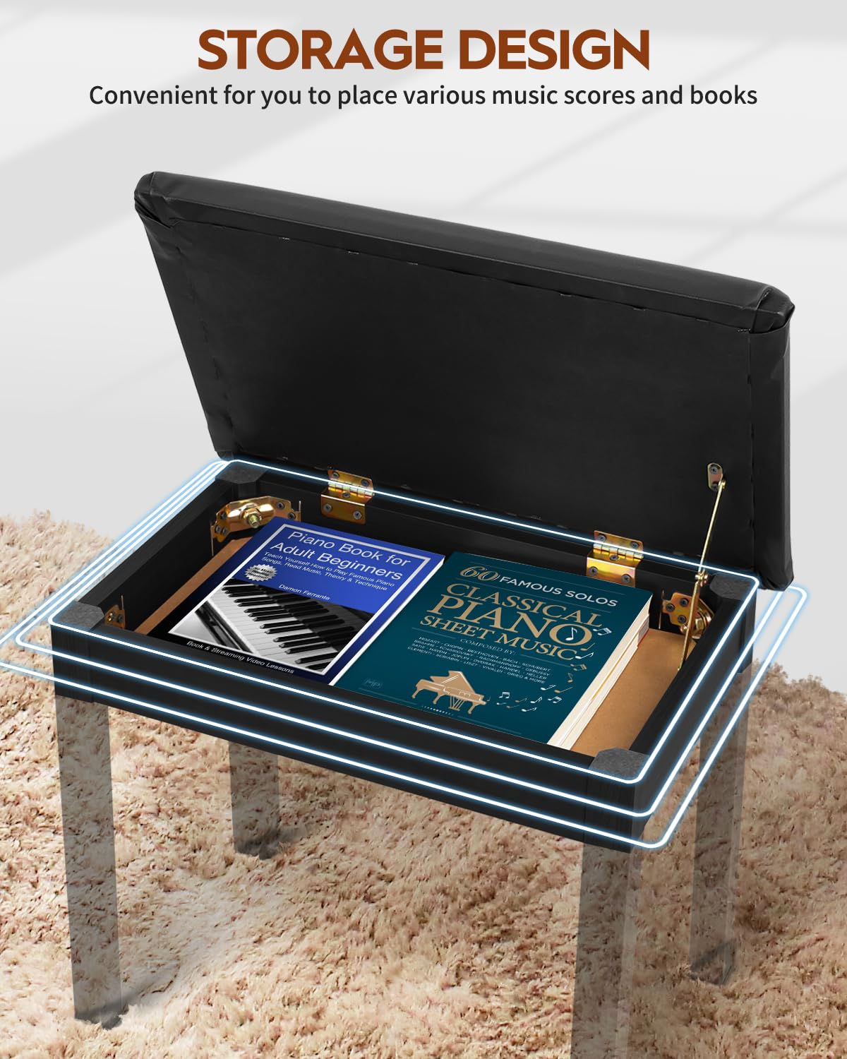 STRICH Piano Bench with Storage, Solid Wood Keyboard Bench Piano Bookcase Stool Chair Seat with