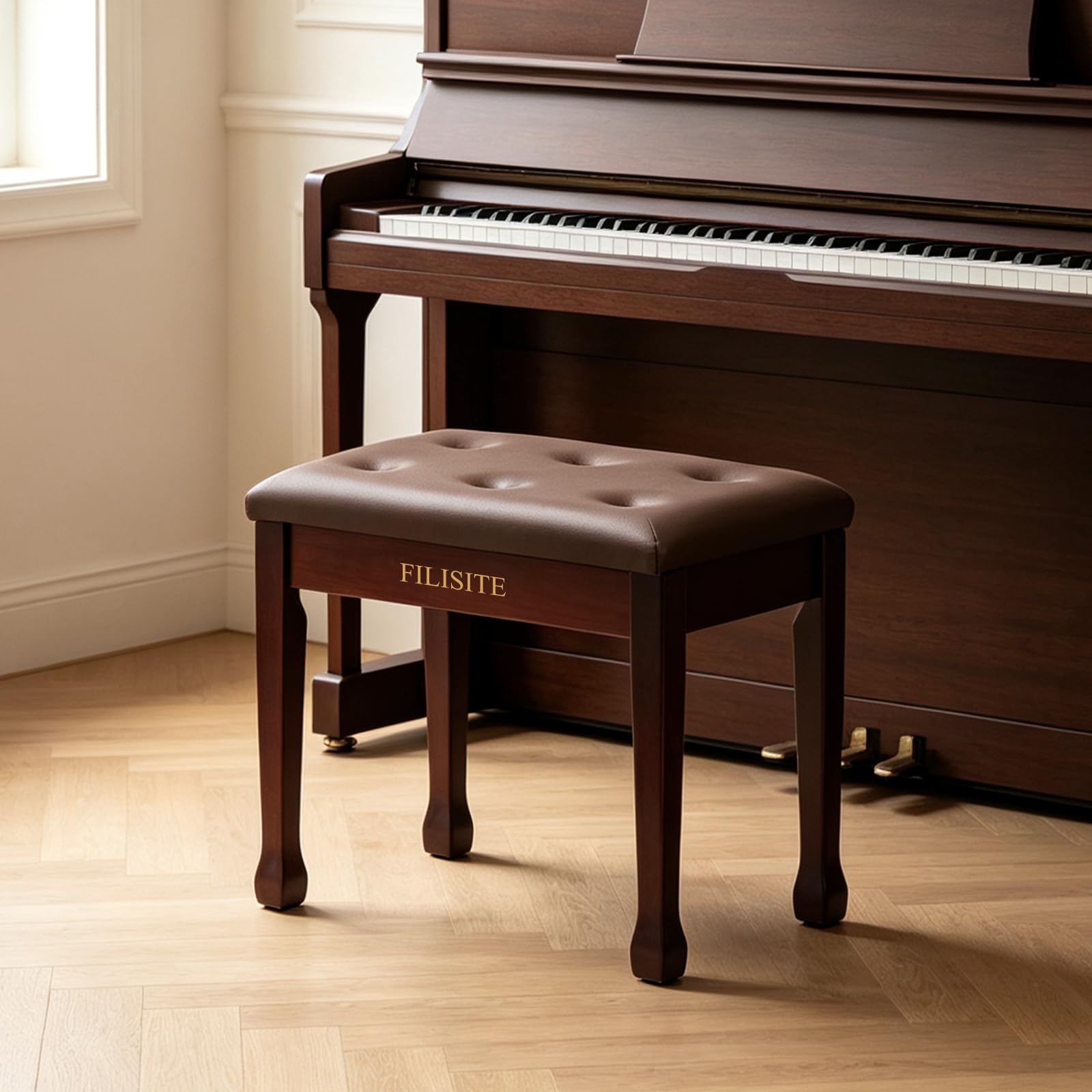 FILISITE Wooden Piano Bench with Storage, Piano Stool with Waterproof Padded Cushion, Bench Seat