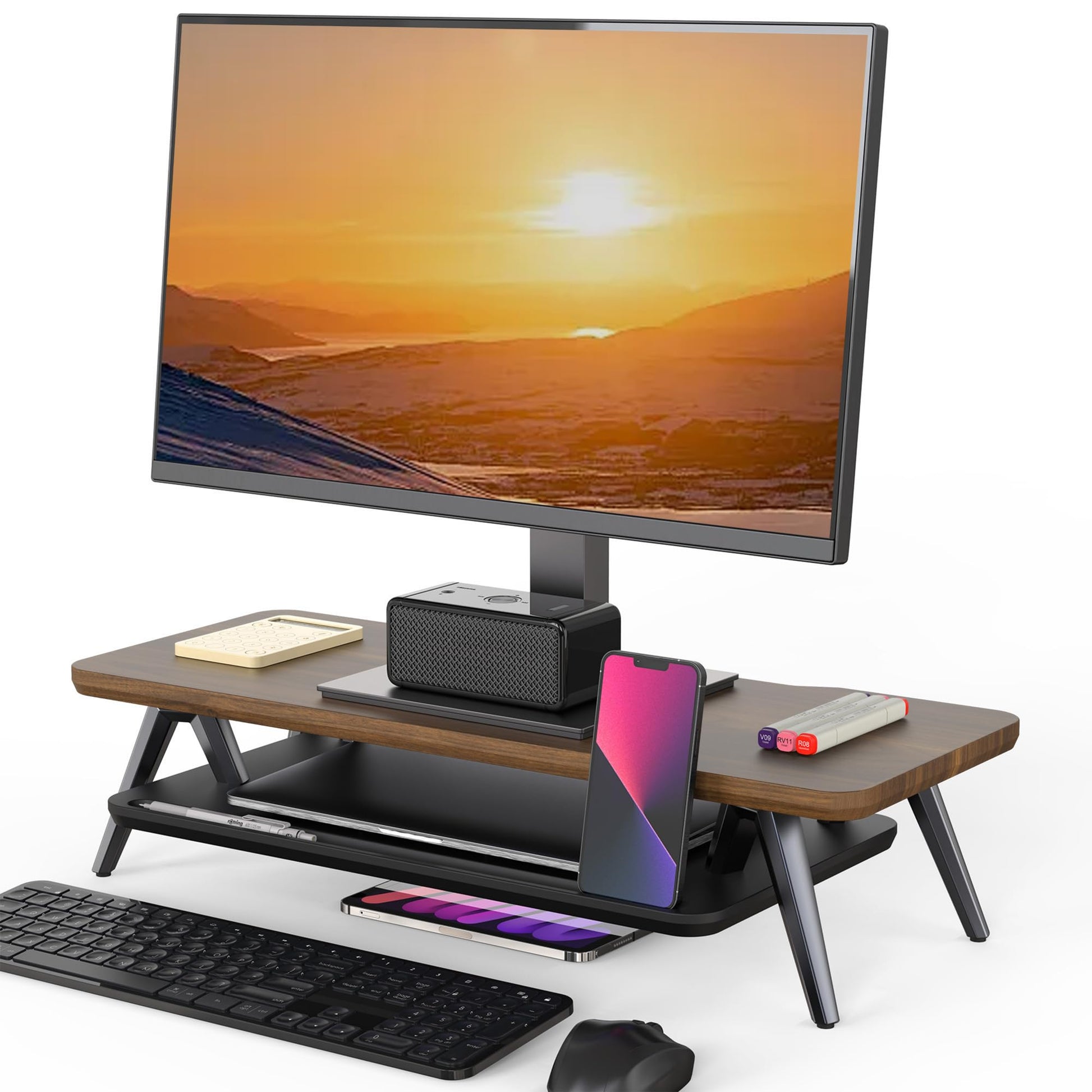 Fenge Monitor Stand Riser, Wooden Desk Shelf with 2-Tier Storage