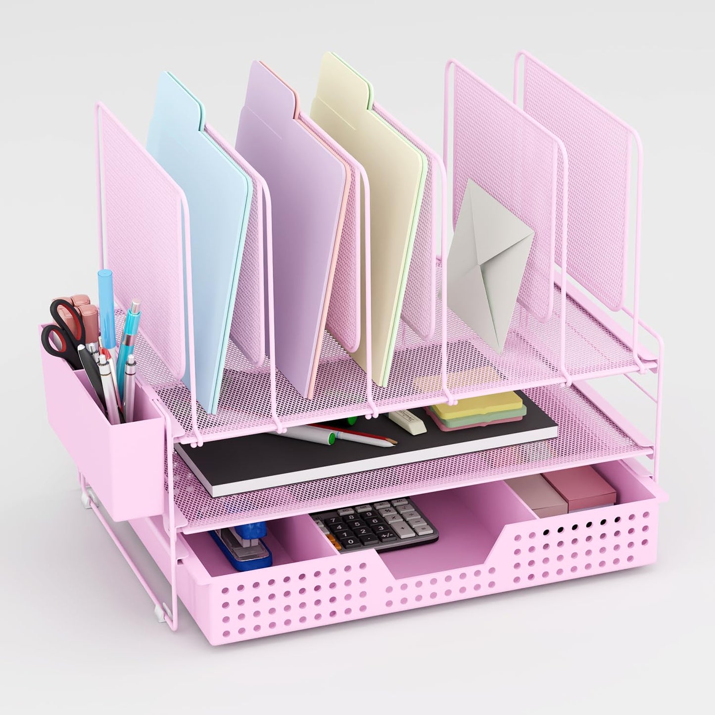LEKETREE Pink Desk Organizer, Office Organization with Vertical File Holder, File Organizer with