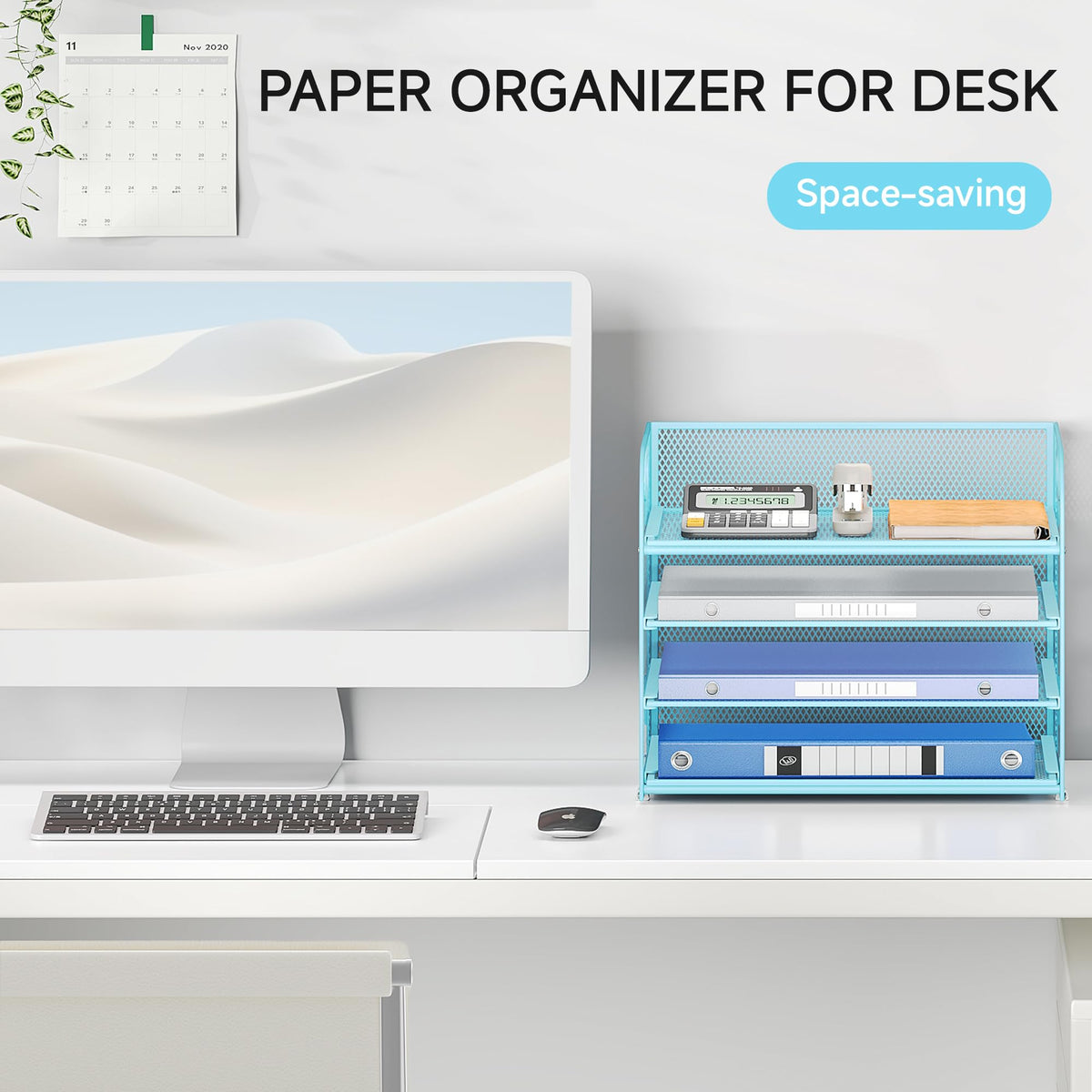 Lavatino 4-Tier Paper Organizer Trays - Blue Mesh File Folder Sorter with Handles, Desk Letter