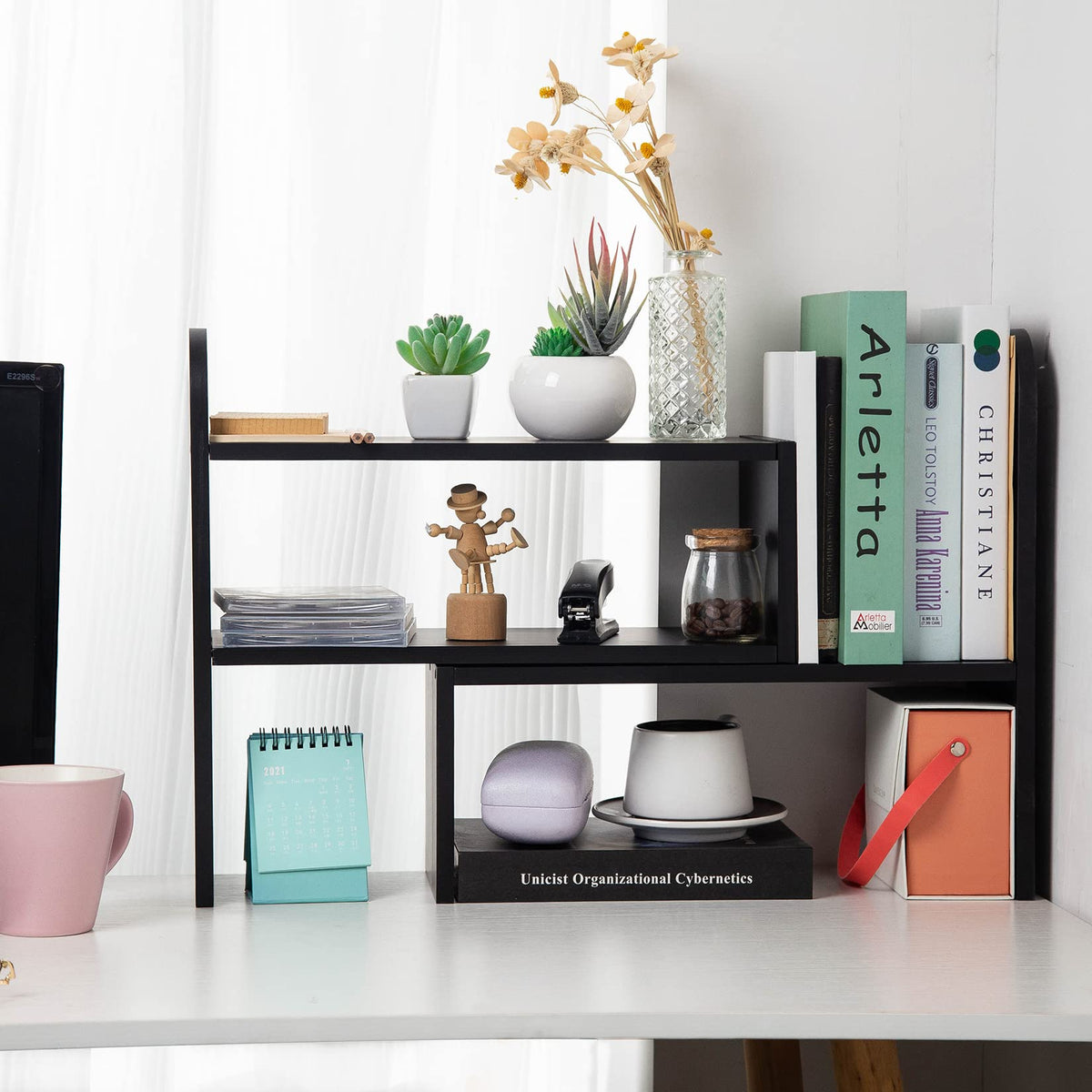 VERGOODR Desktop Adjustable Natural Wood Book Shelf Organizer Office Storage Rack Display Stand