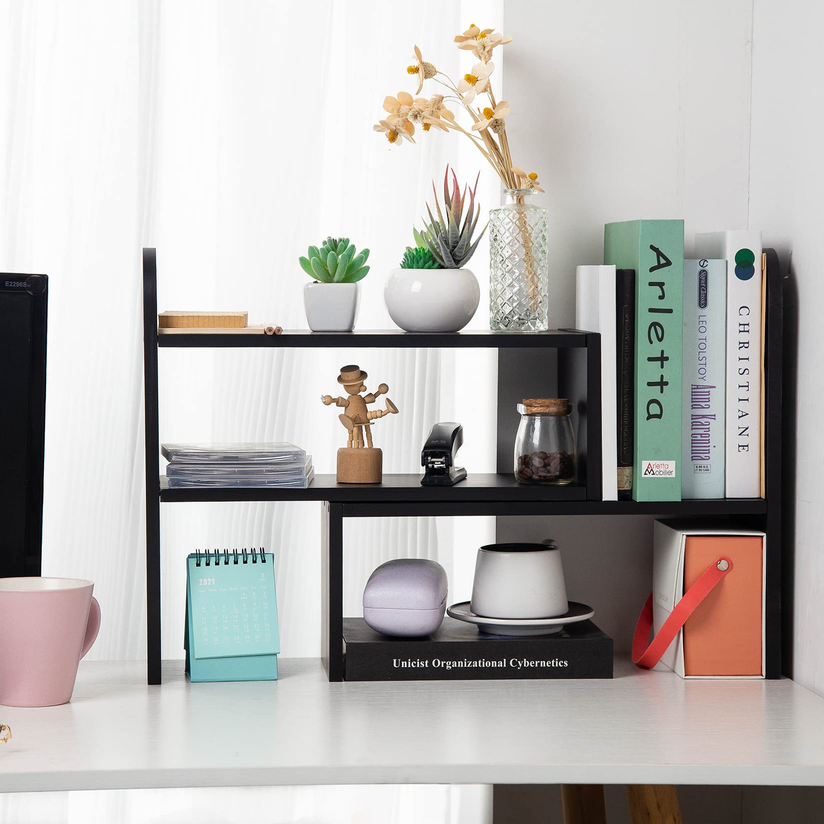 VERGOODR Desktop Adjustable Natural Wood Book Shelf Organizer Office Storage Rack Display Stand