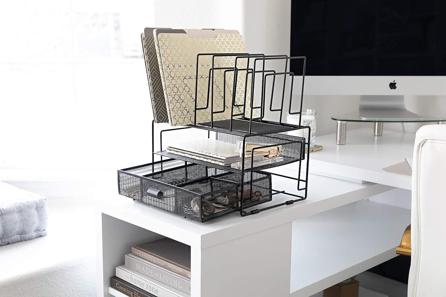 BLU MONACO | Black Wire Mesh Desk Organizer with Drawer | Desk Associates Women Office Set | File