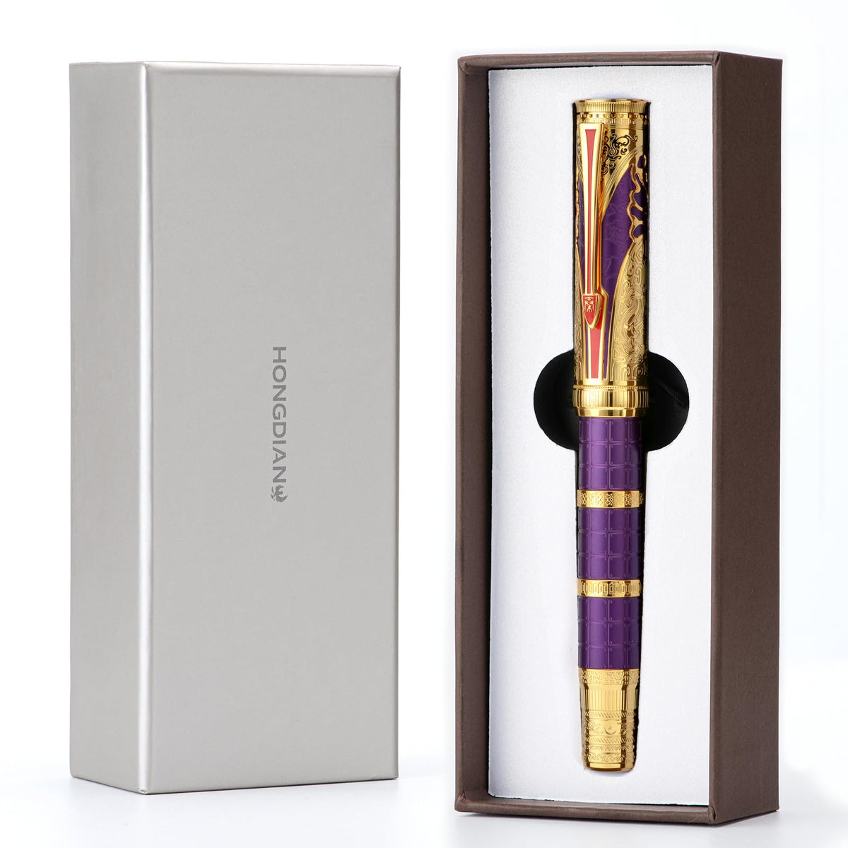 HONG DIAN D5 Qin Dynasty Fountain Pen Purple Gold, Fine Nib Piston Filling Pen, Retro Chinese Totem