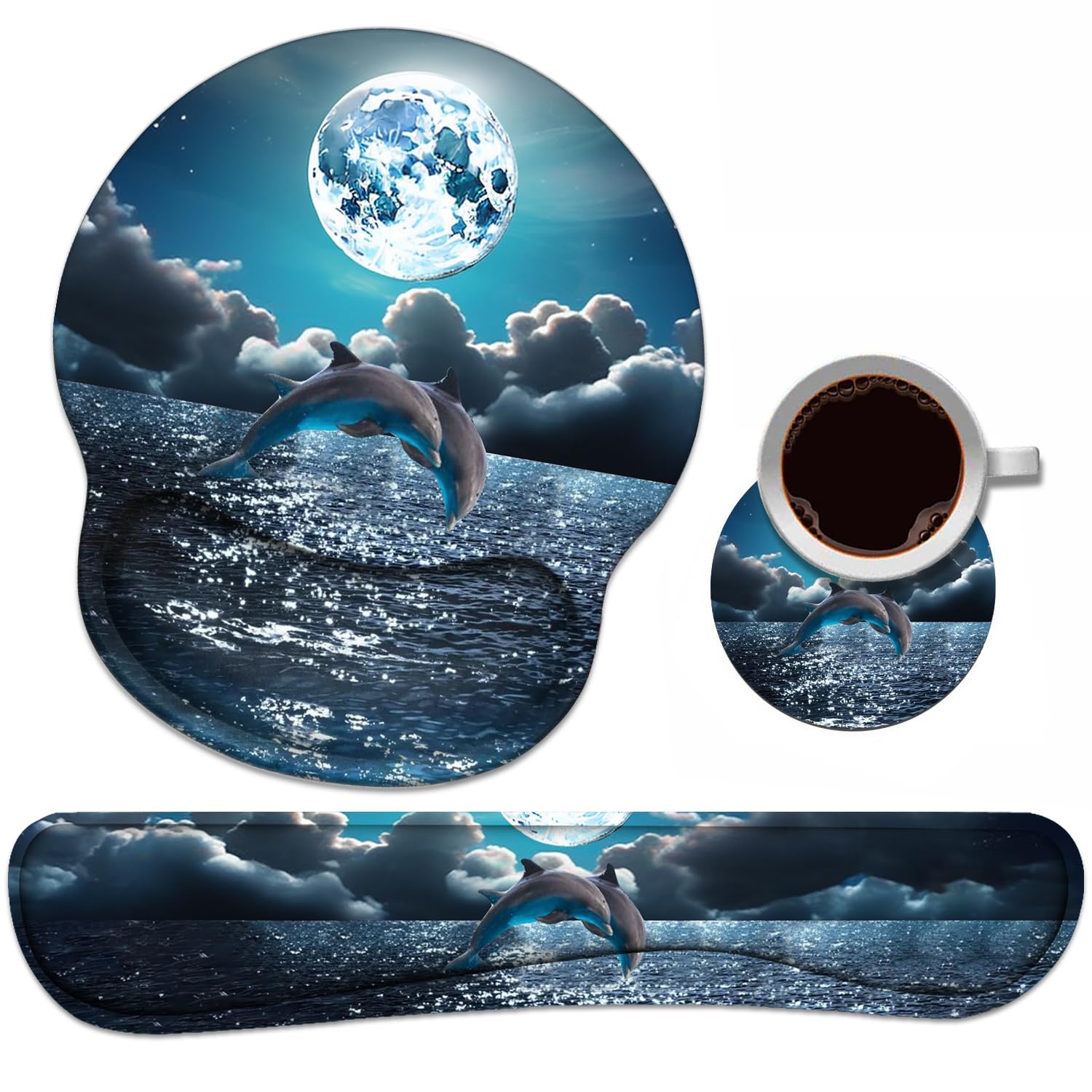 Keyboard Wrist Rest + Mouse Pad Wrist Support Set with Coasters, Non-Slip PU Base Ergonomic