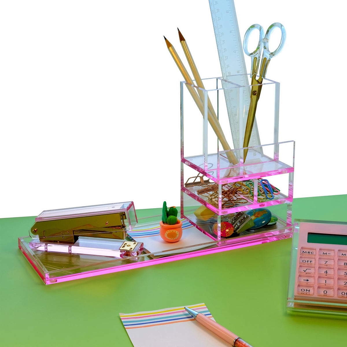 EXPUTRAN Acrylic Desk Organizer 4-Piece Desk Kit + Free Complimentary Acrylic Ruler, Desktop