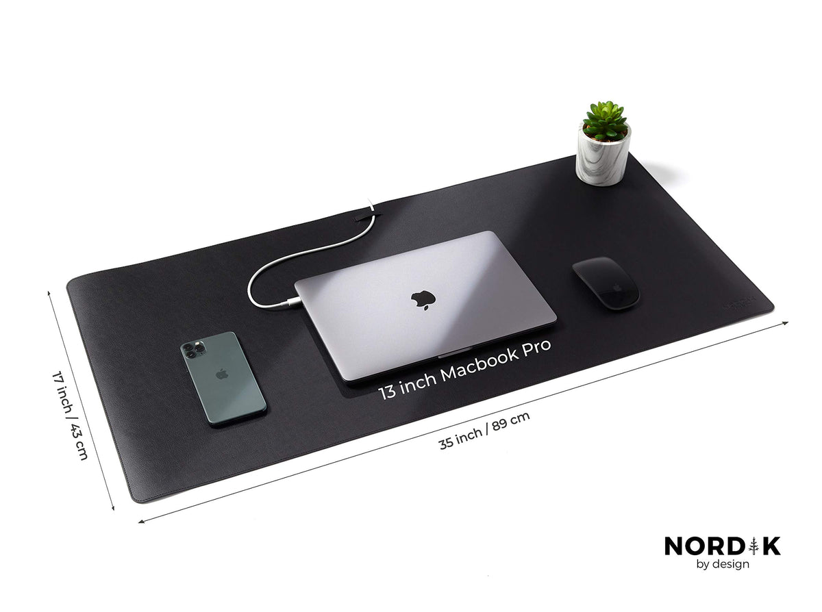 Nordik Leather Desk Mat - Cork Pebble Black - Leather Desk Pad 35x17 in