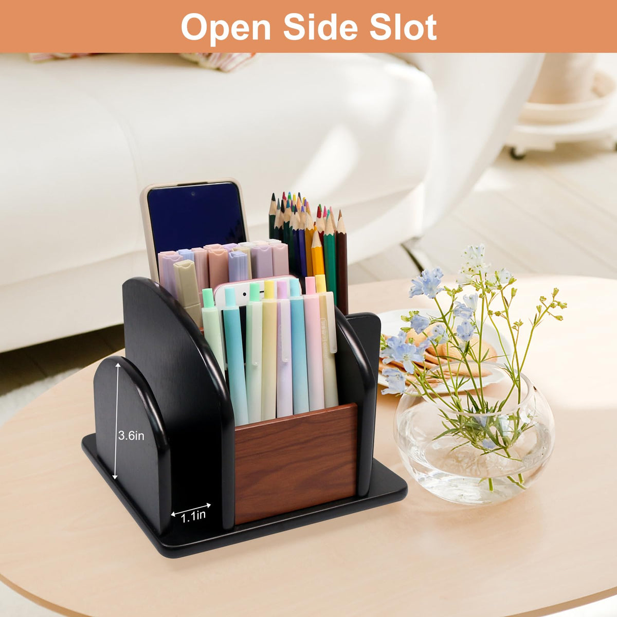 Coideal Remote Control Holder Caddy, 360° Rotating Coffee Table Organizer with 6 Compartments, Wood
