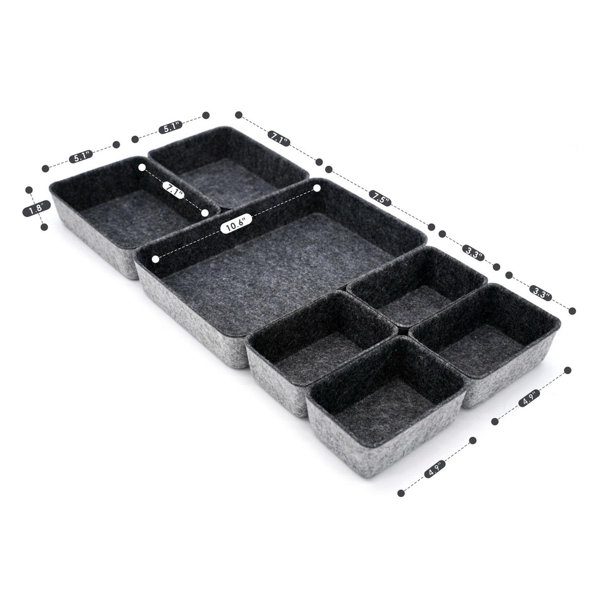 Welaxy 7pc Shallow Felt Desk Drawer Organizers Trays Charcoal Storage Bins