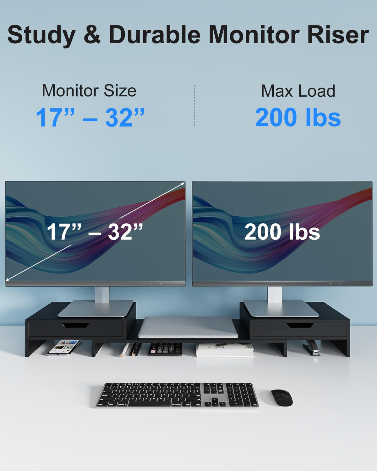 Epesoware Dual Monitor Riser with Two Drawer for Desk, No Assembly Required
