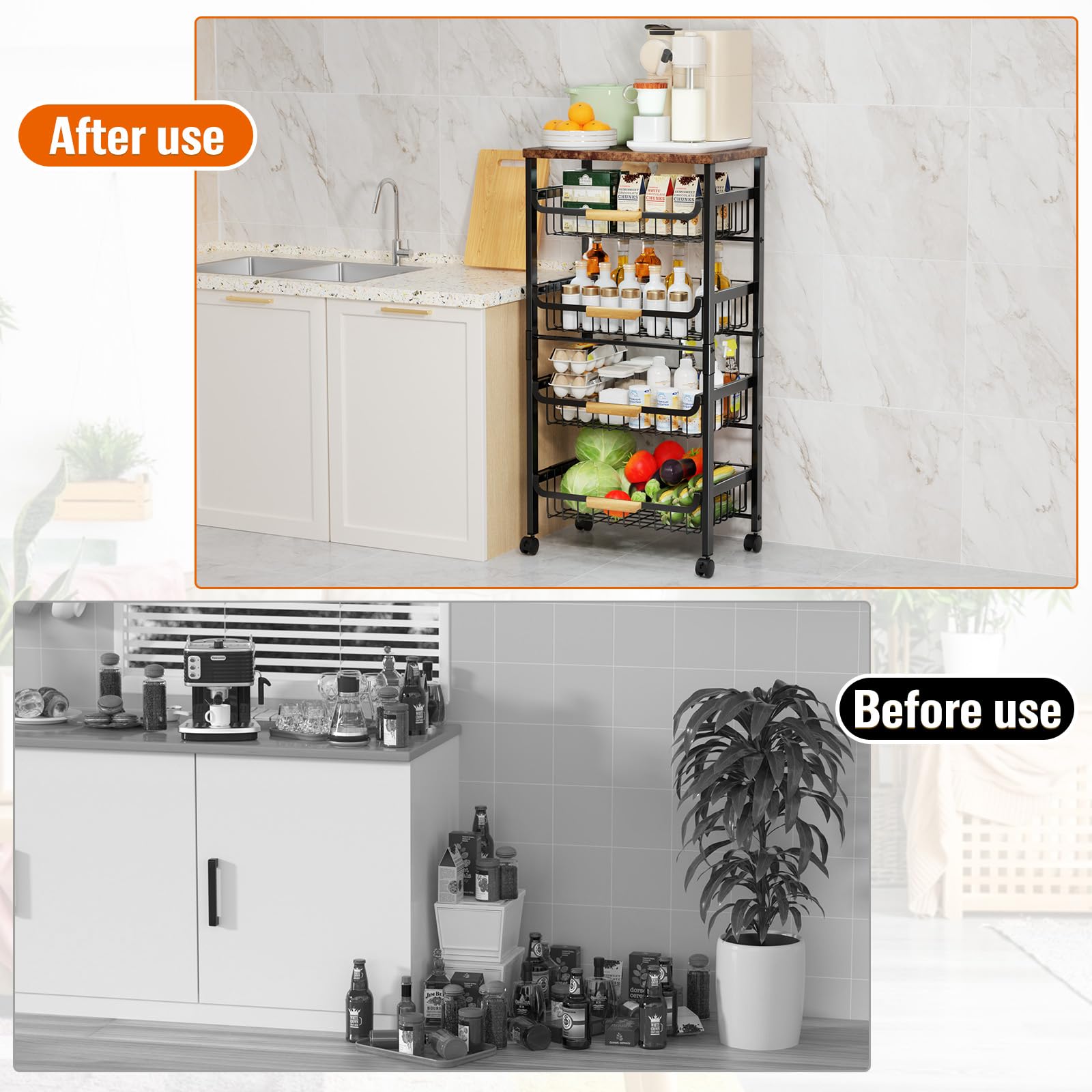 Storico 5-Tier Rolling Utility Cart Kitchen Storage Cart