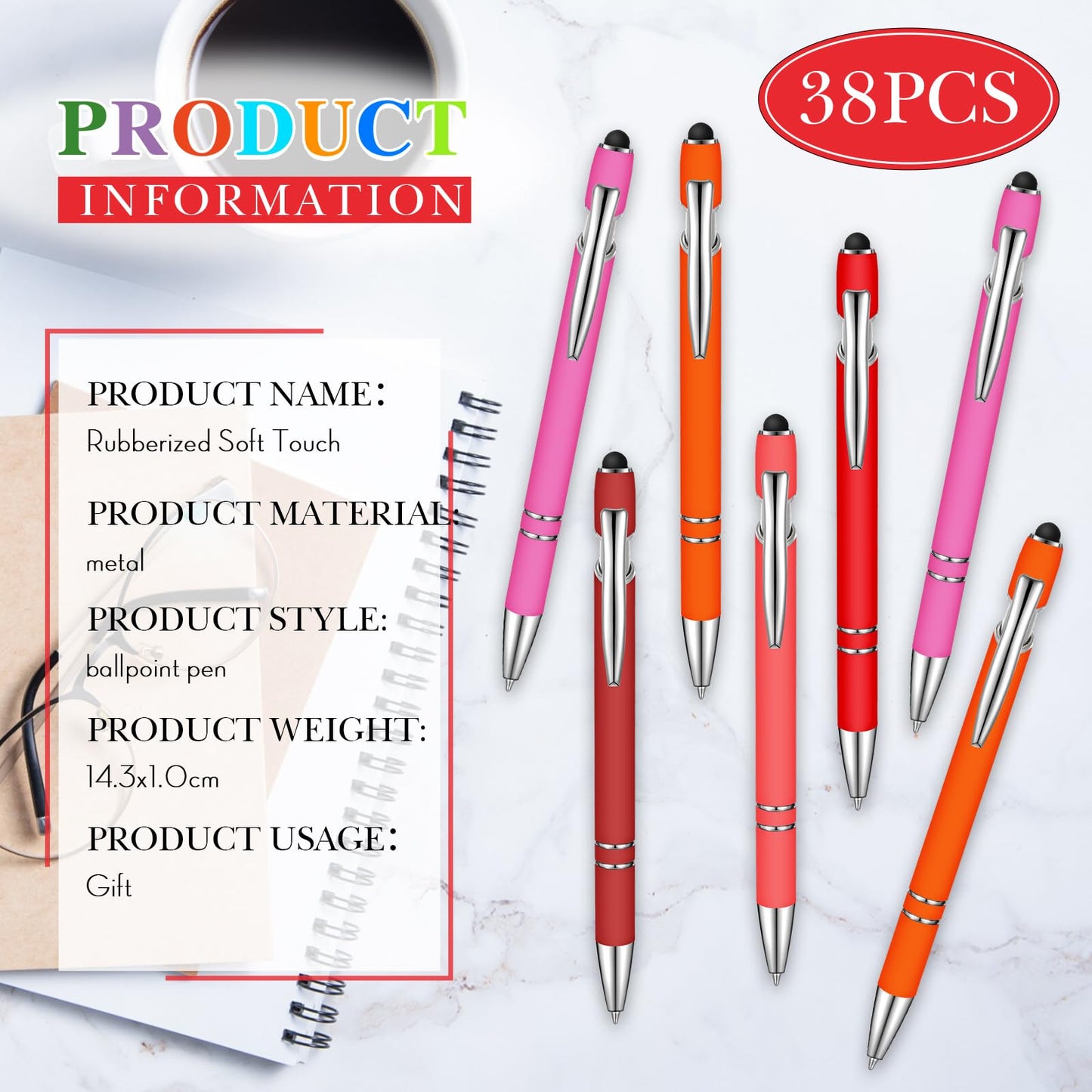 Zonon 38 Pcs Stylus Ballpoint Pens, Metal Rubberized Grip, Red Series
