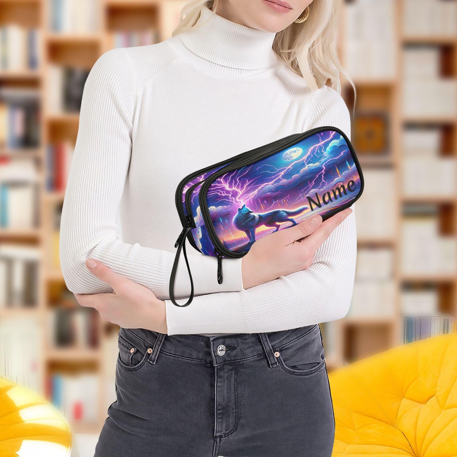 BOENLE Custom Wolf Howling Moon Lightning Pencil Case Box Boys Girls Personalized Name Large Pencil