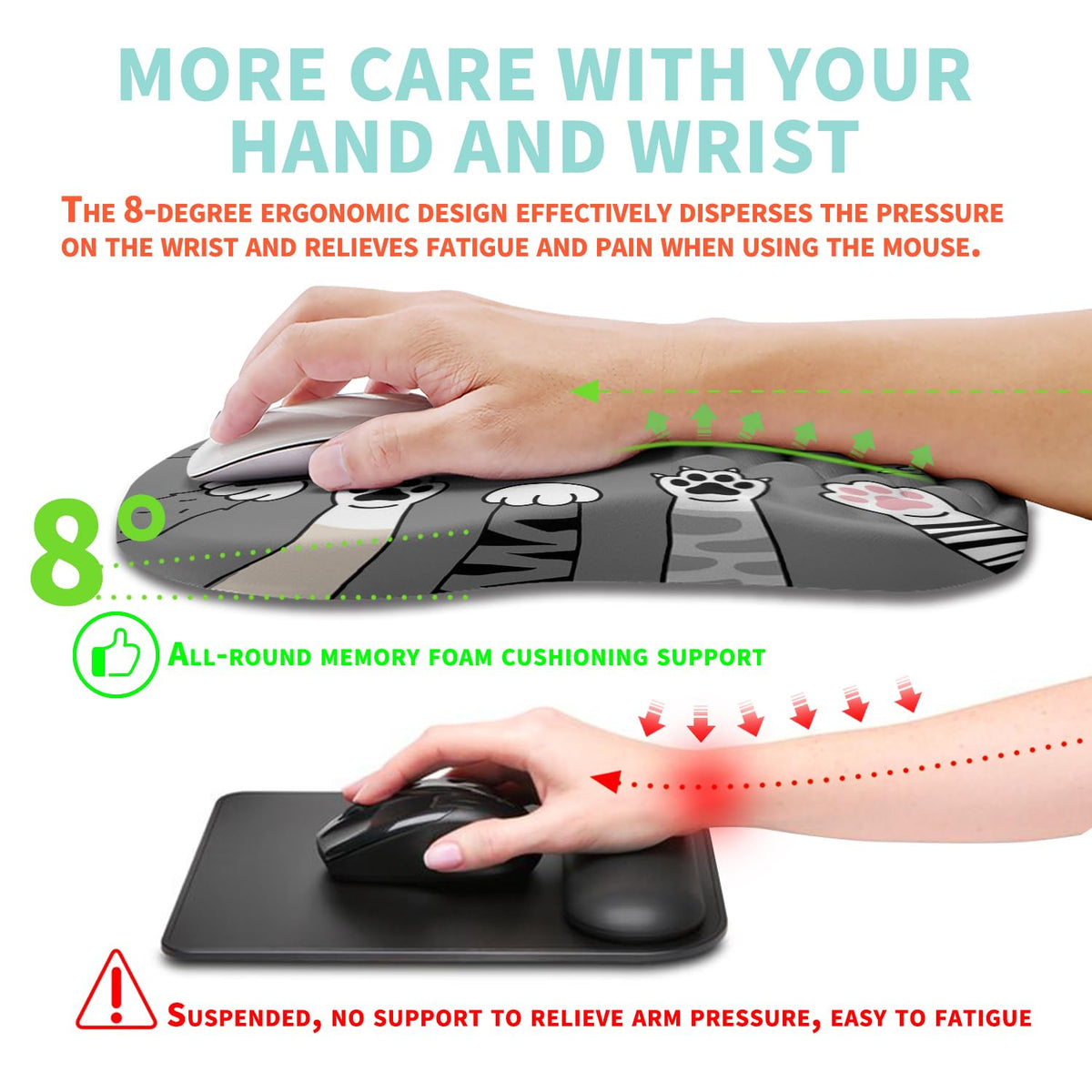 Kuosgm Ergonomic Mouse Pad Wrist Support with Memory Foam Massage Bulge, Carpal Tunnel Pain Relief