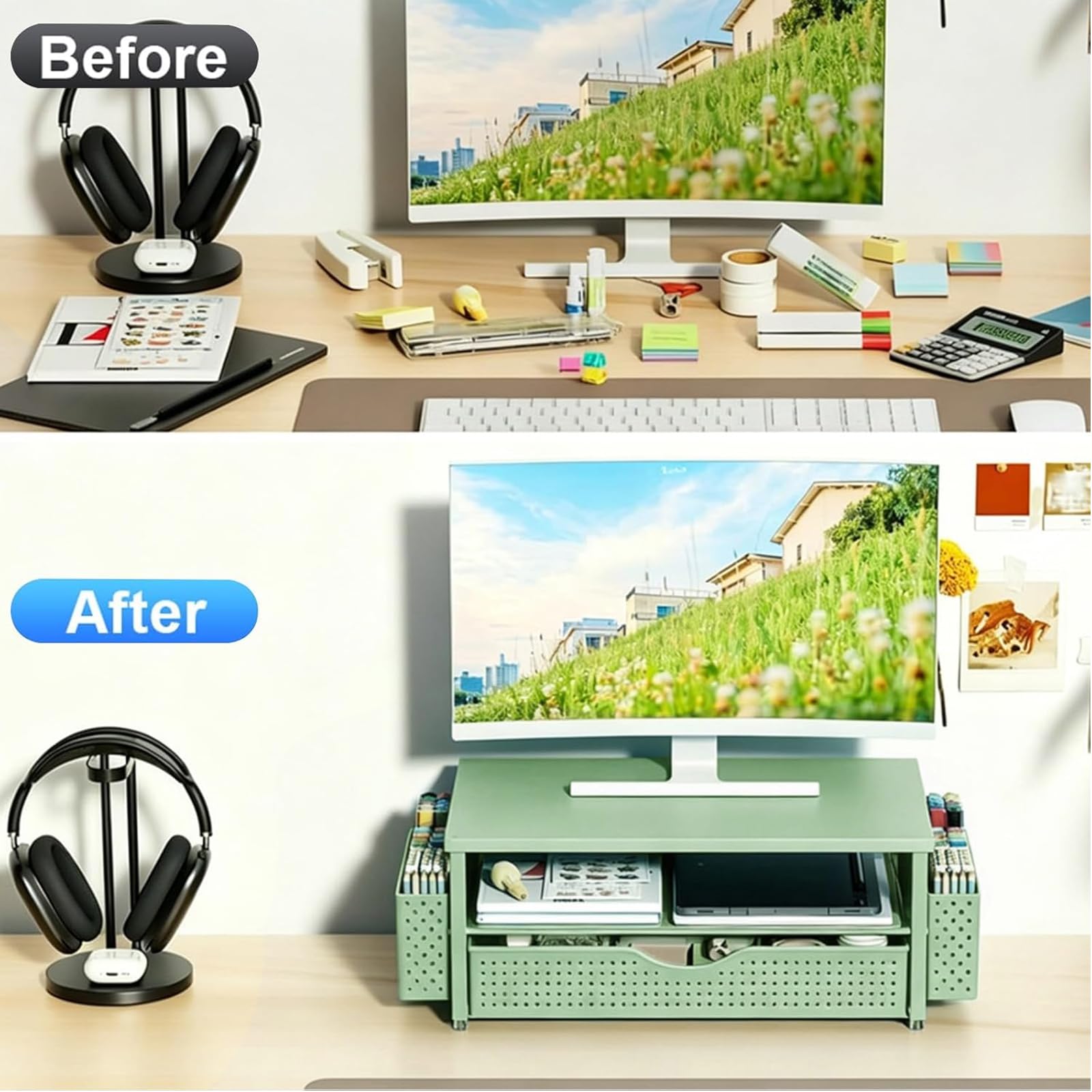 Desk Organizers and Accessories, Printer Stand with Storage, Sage Green