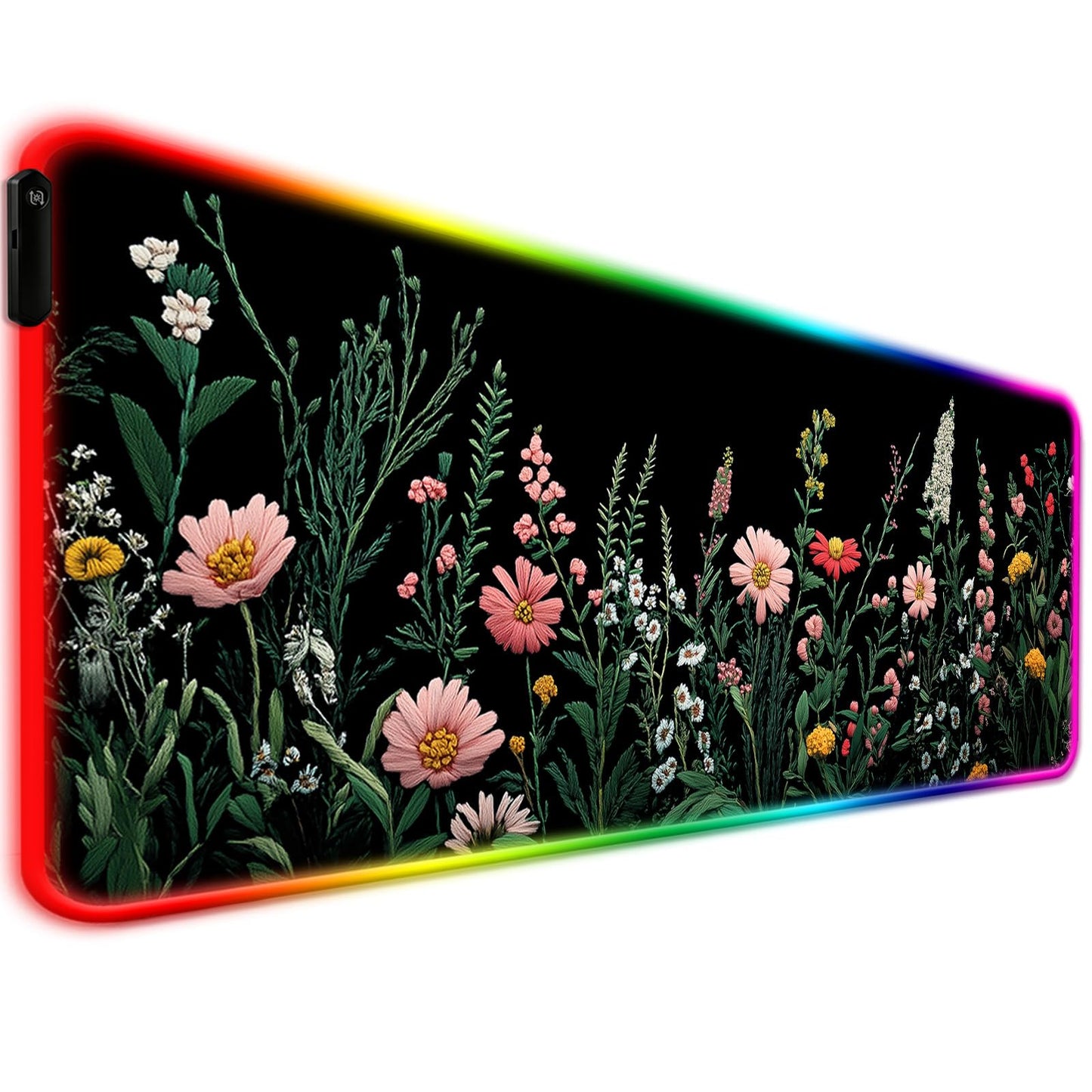 JIANG100 RGB Blooming Wildflowers Gaming Desk Mat & XL Mouse Pad, Black