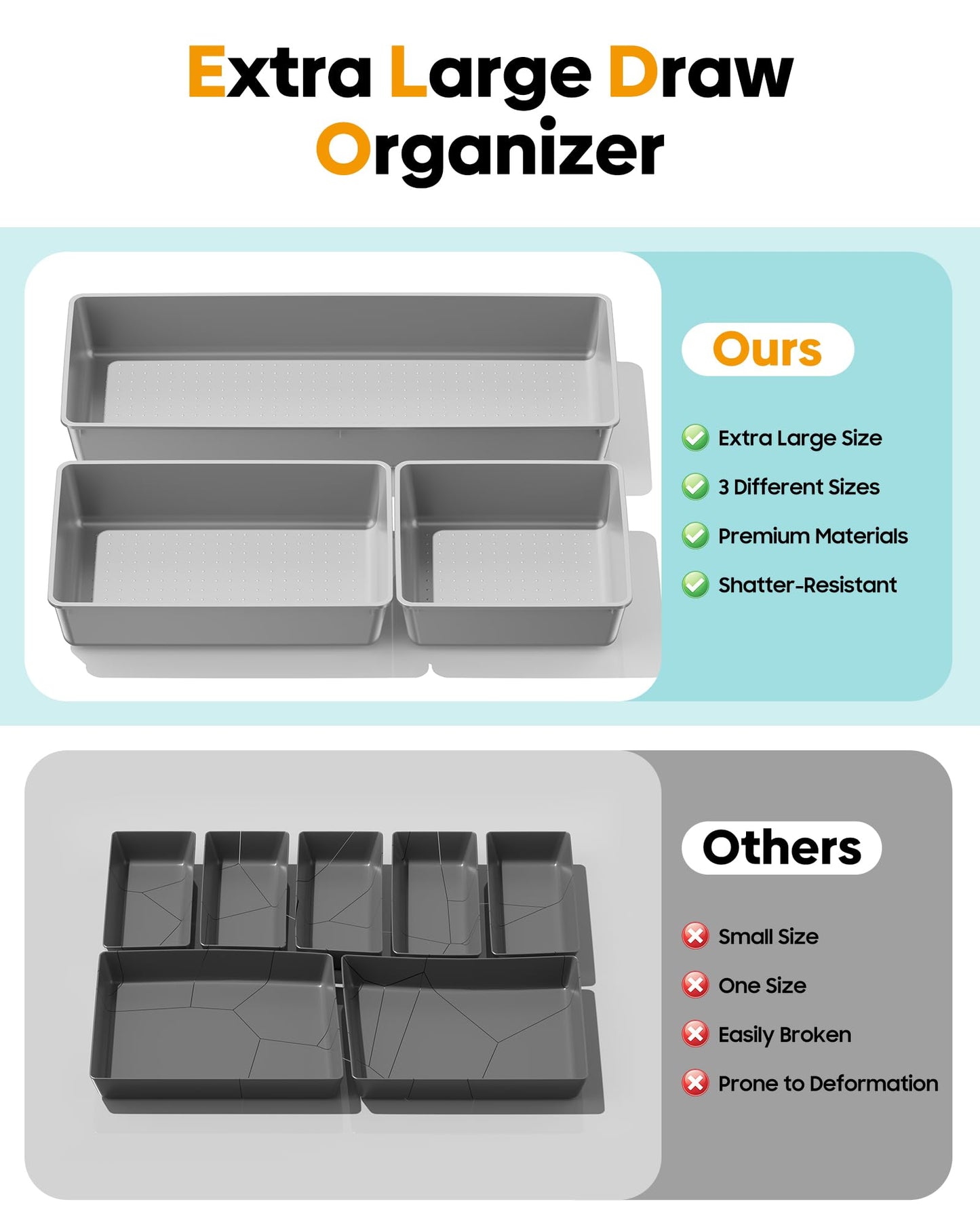 MLIKLU 10 Pack Large Size Plastic Drawer Organizers Set, 3 Sizes Desk Drawer Organizer Trays