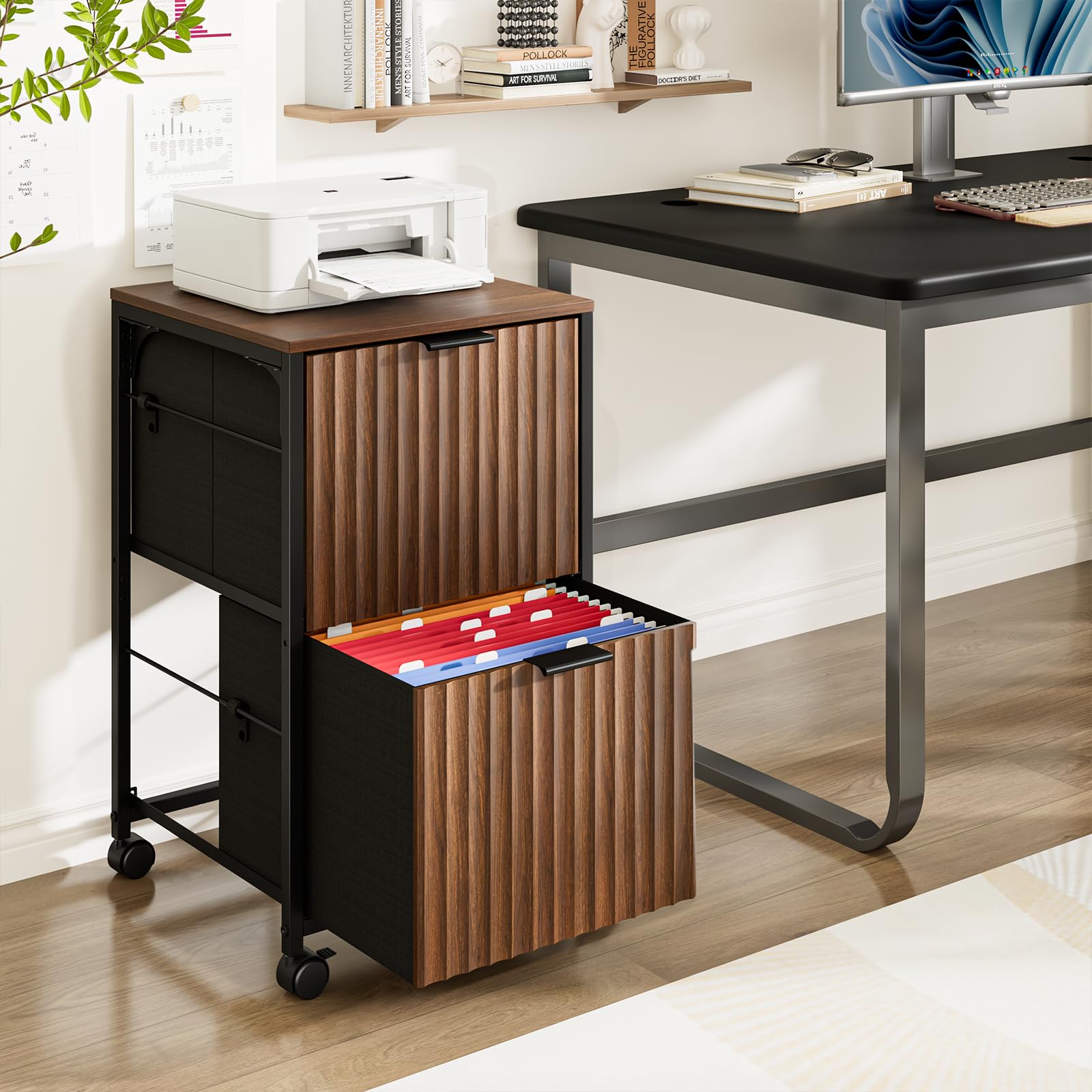 Bonnlo 2 Drawer Mobile File Cabinet, Rolling Fluted Filing Cabinet Under Desk File Cabinet with