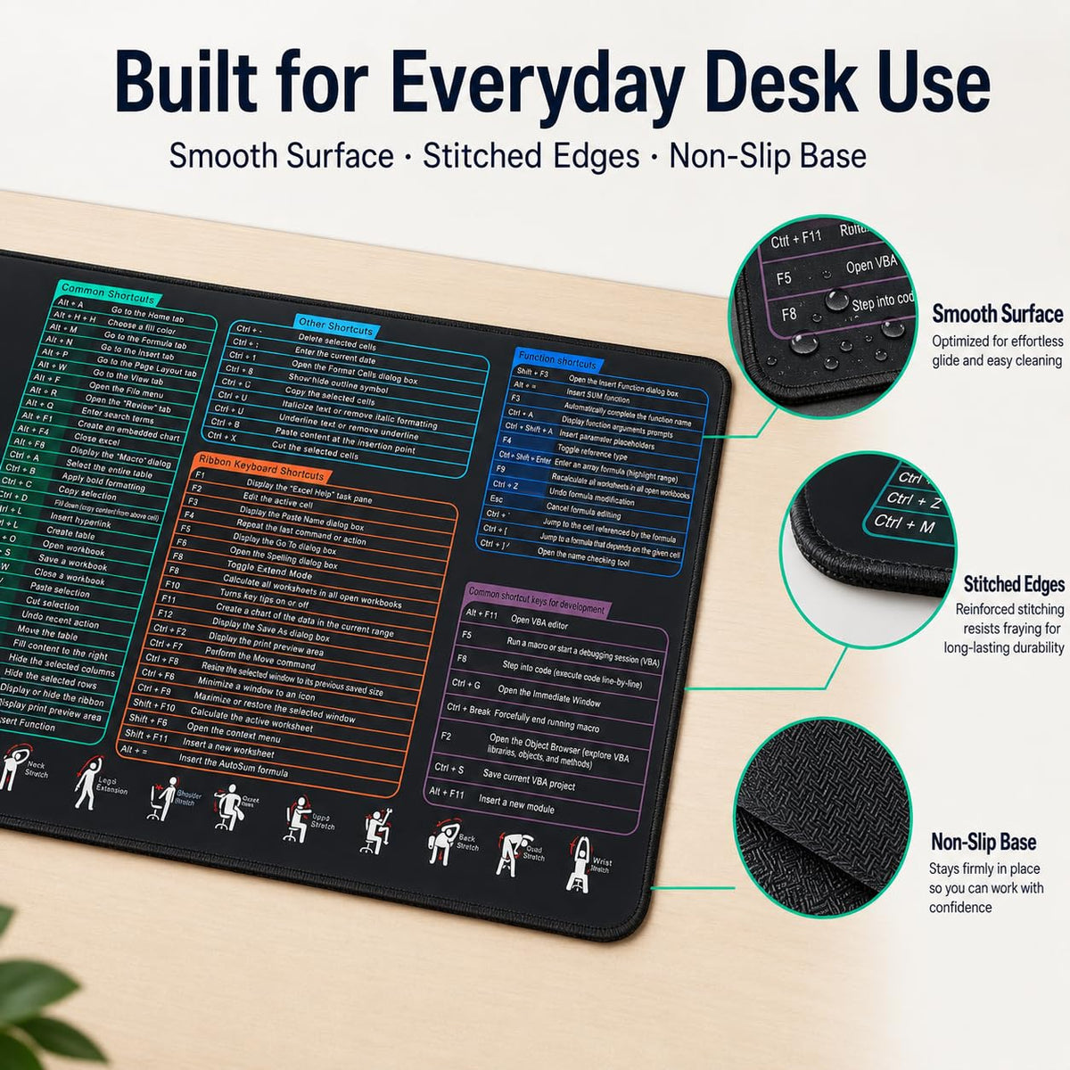 Excel Cheat Sheet Desk Pad, Large Mouse Pad with Shortcuts & Formulas for Windows PC, Non-Slip