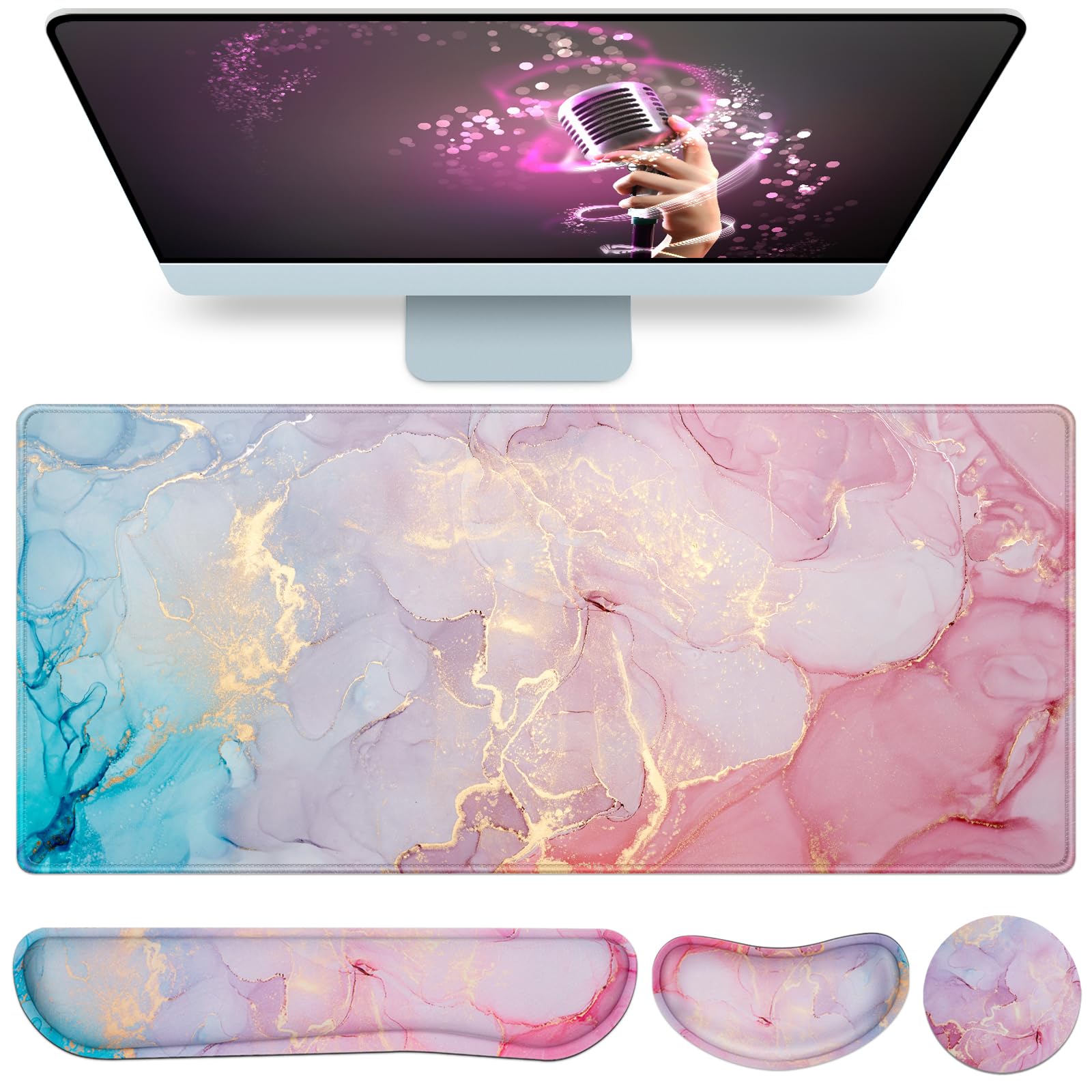 Mouse Pad Pink, Mouse Pad with Wrist Rest, 4-in-1 XXL Extended Large Desk
