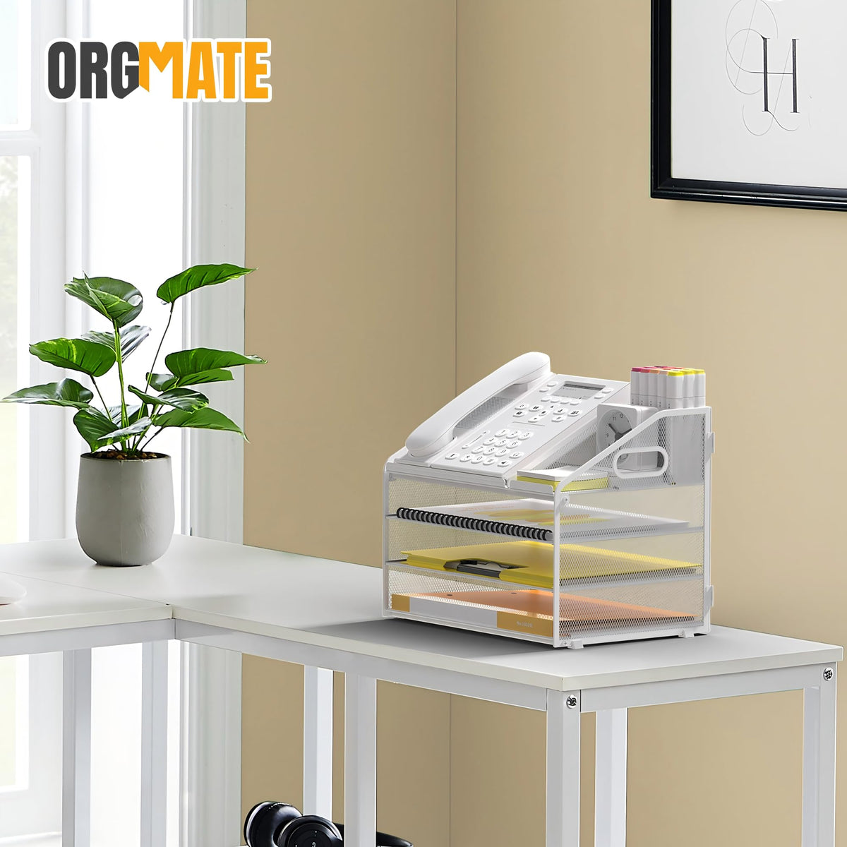 OrgMate 4 Tier Mesh Desk Organizer with Pen Holder and Handle Letter Tray