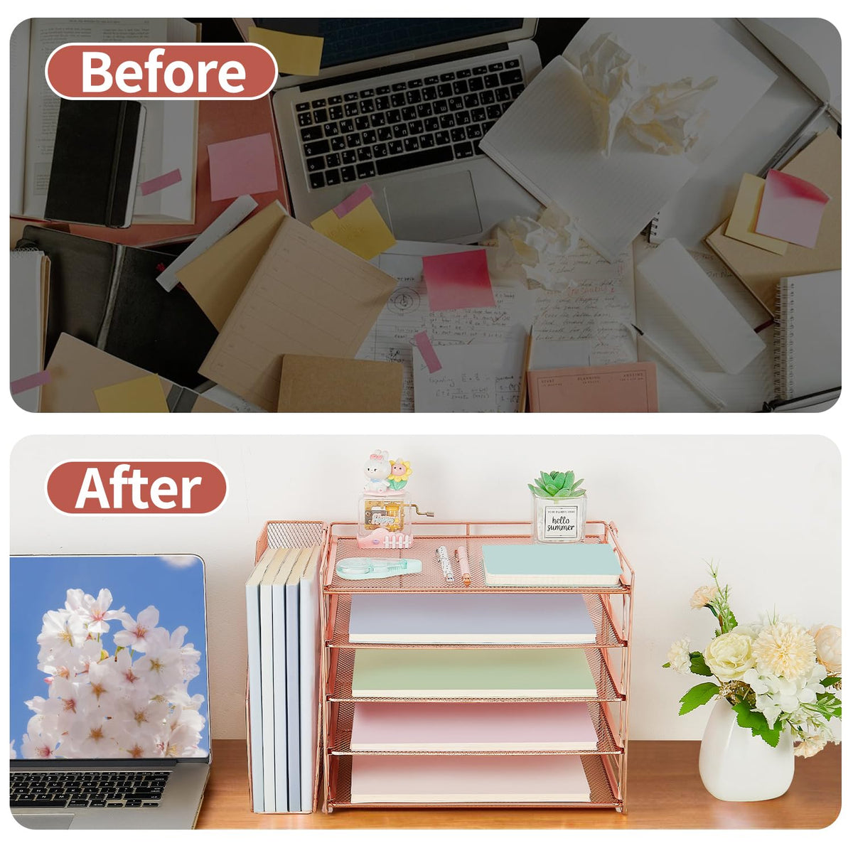 AUPSEN Rose Gold Desk Organizers and Accessories, 5-Tier Desktop Paper File Organizer with