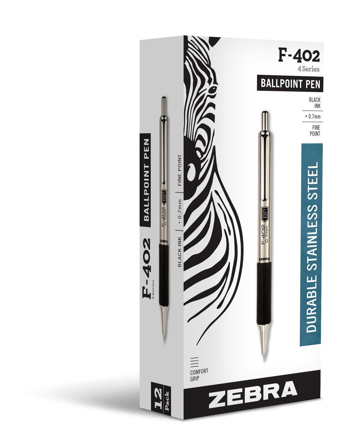Zebra Pen STEEL F-402 Retractable Ballpoint Pen, Black Ink, 0.7mm, 12-Pack