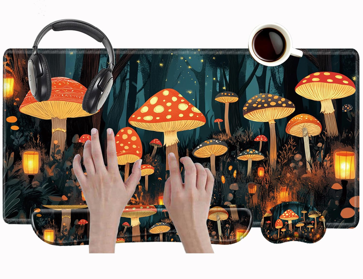 Mushroom Mouse Pad and Keyboard Wrist Rest Japanese Desk Mat Set Gaming Mousepad with Wrist Support