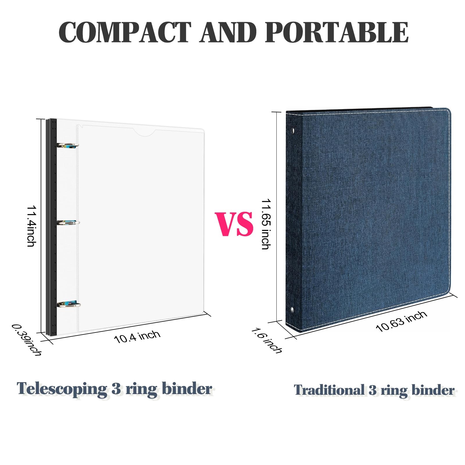 INFUN 1 Inch Telescoping 3 Ring Binder Black+White - 4 PCS， Flexible Binders with Customizable