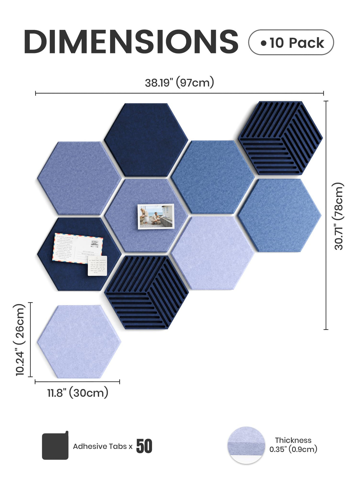 Fluxynara 10-Pack Hexagon Cork Board Alternative, Denim Mist