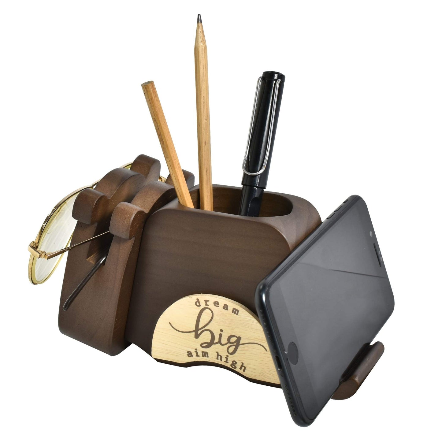 I'm Wood Multipurpose Eyeglass Phone Pen & Pencil Holder Stand Stationery Desk Organizer