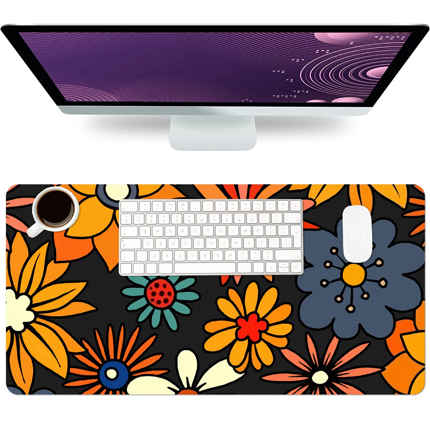 Floral Desk Mat, Non-Slip PU Leather Desk Pad, Retro Flower 27.5"x13.8"