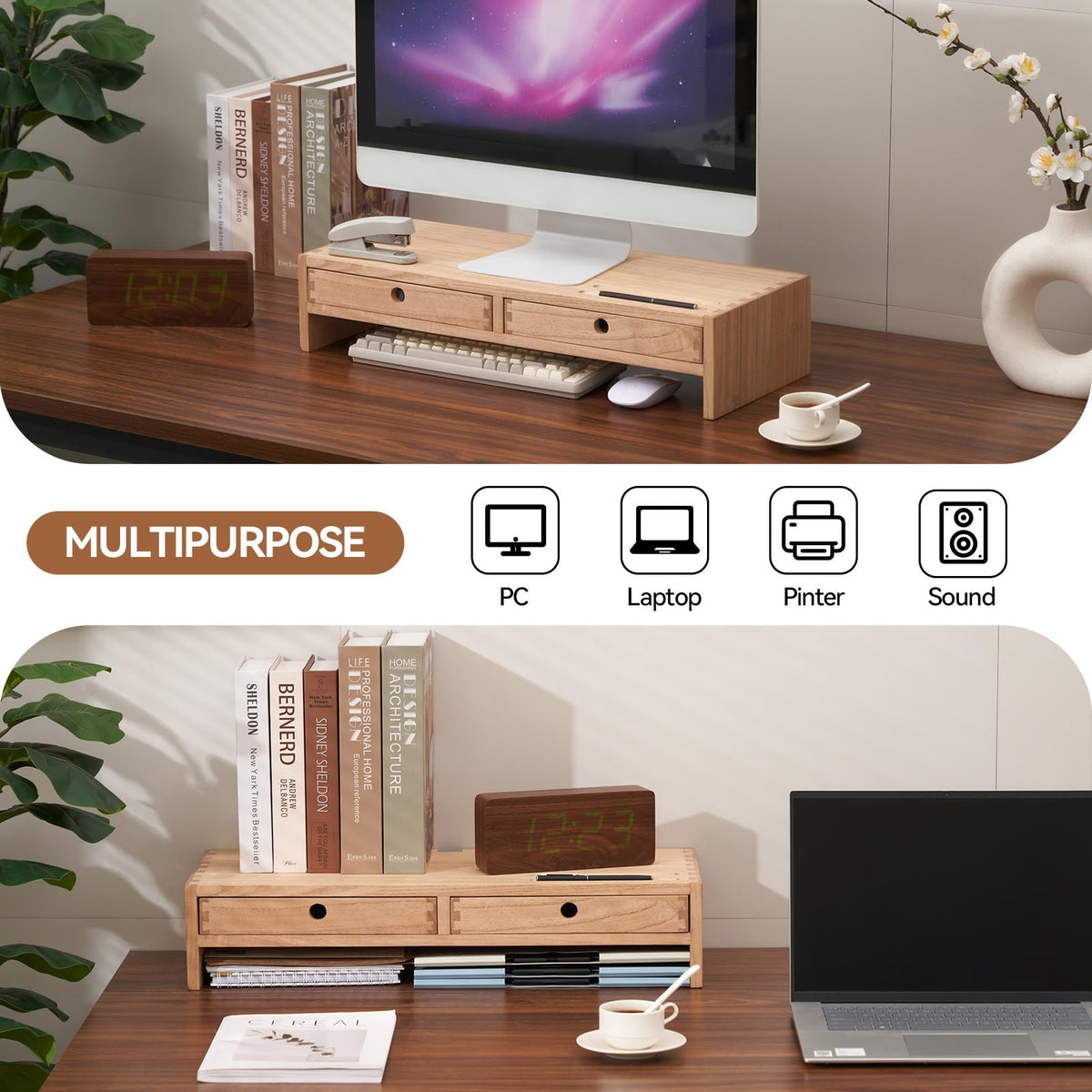 KIRIGEN Solid Wood Monitor Stand with 2 Drawers, Desk Riser, Natural PMJ-NA