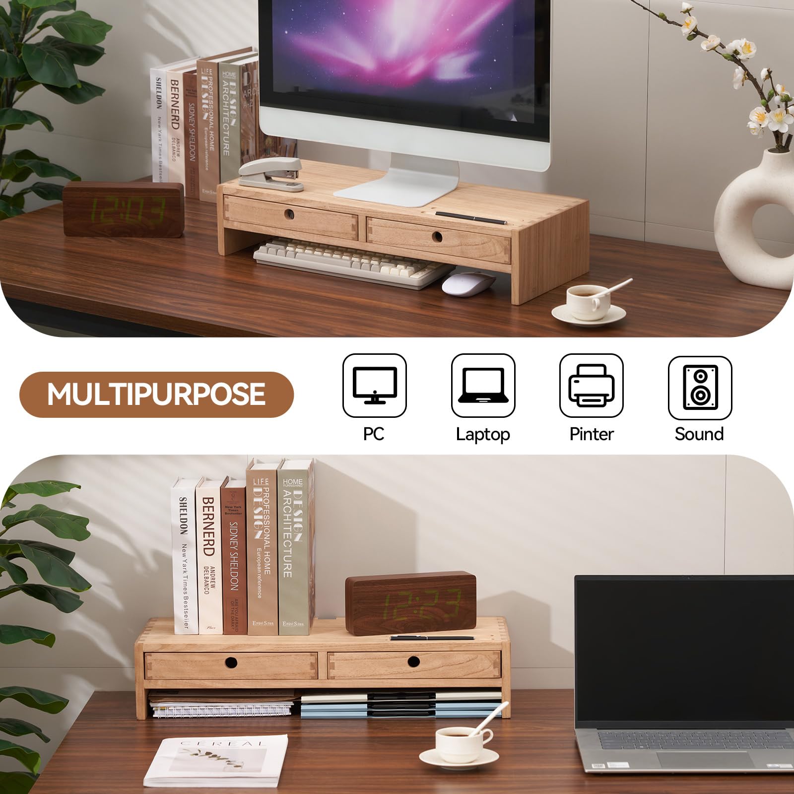 KIRIGEN Solid Wood Monitor Stand with 2 Drawers, Desk Riser, Natural PMJ-NA