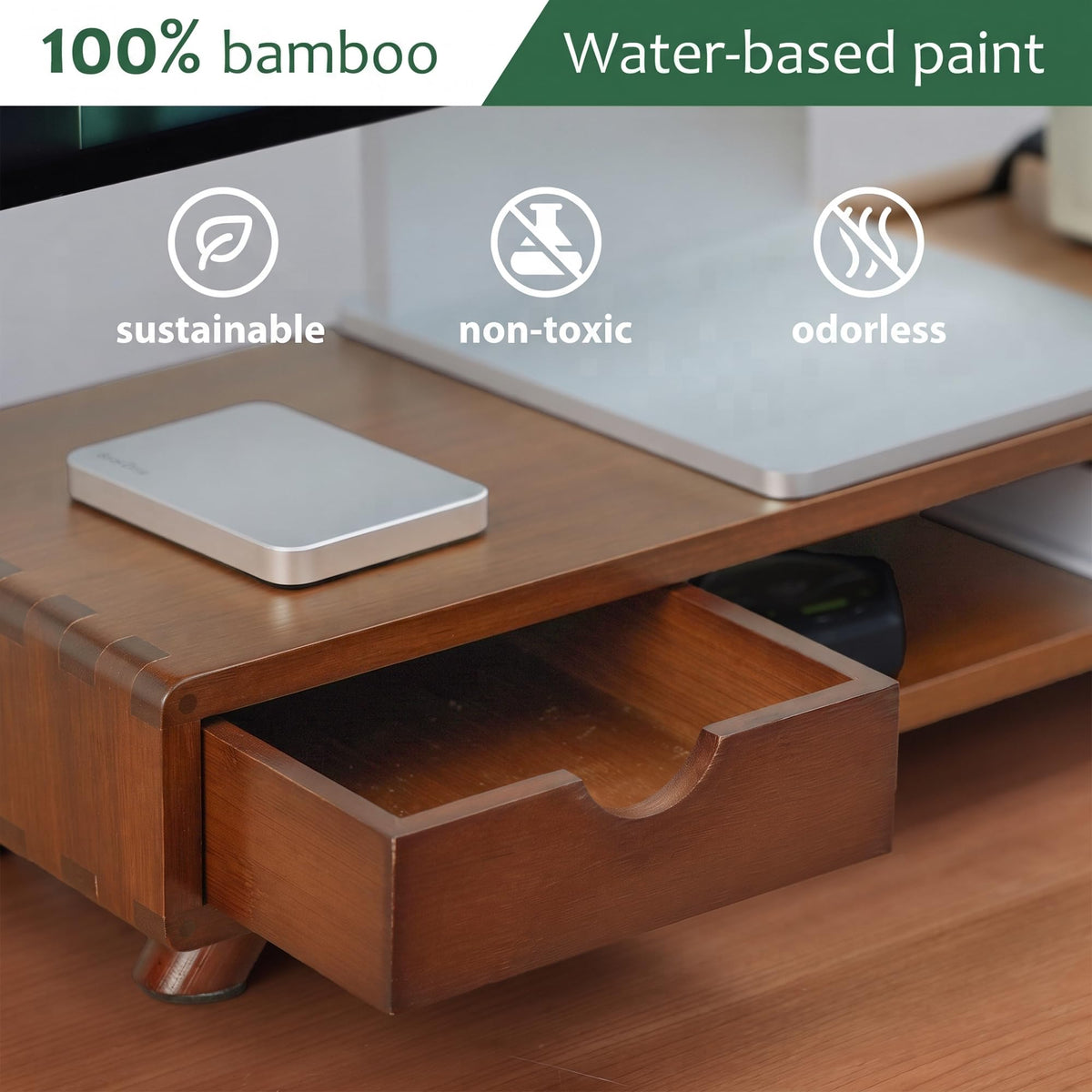 ROCDEER Bamboo Monitor Stand Riser with Drawer