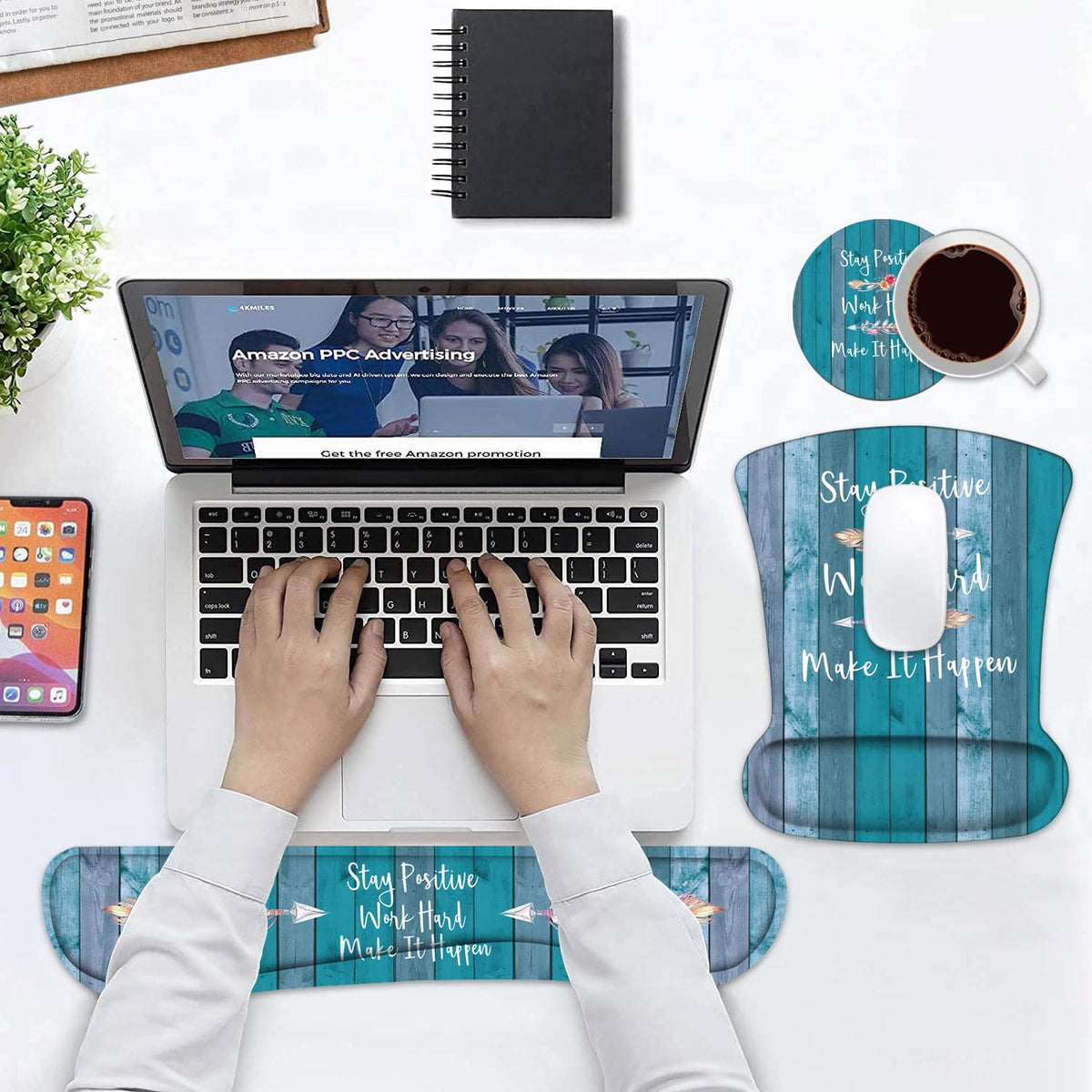 Keyboard Wrist Rest and Mouse Pad Wrist Support Set with Coasters, Stay Positive Work Hard and Make