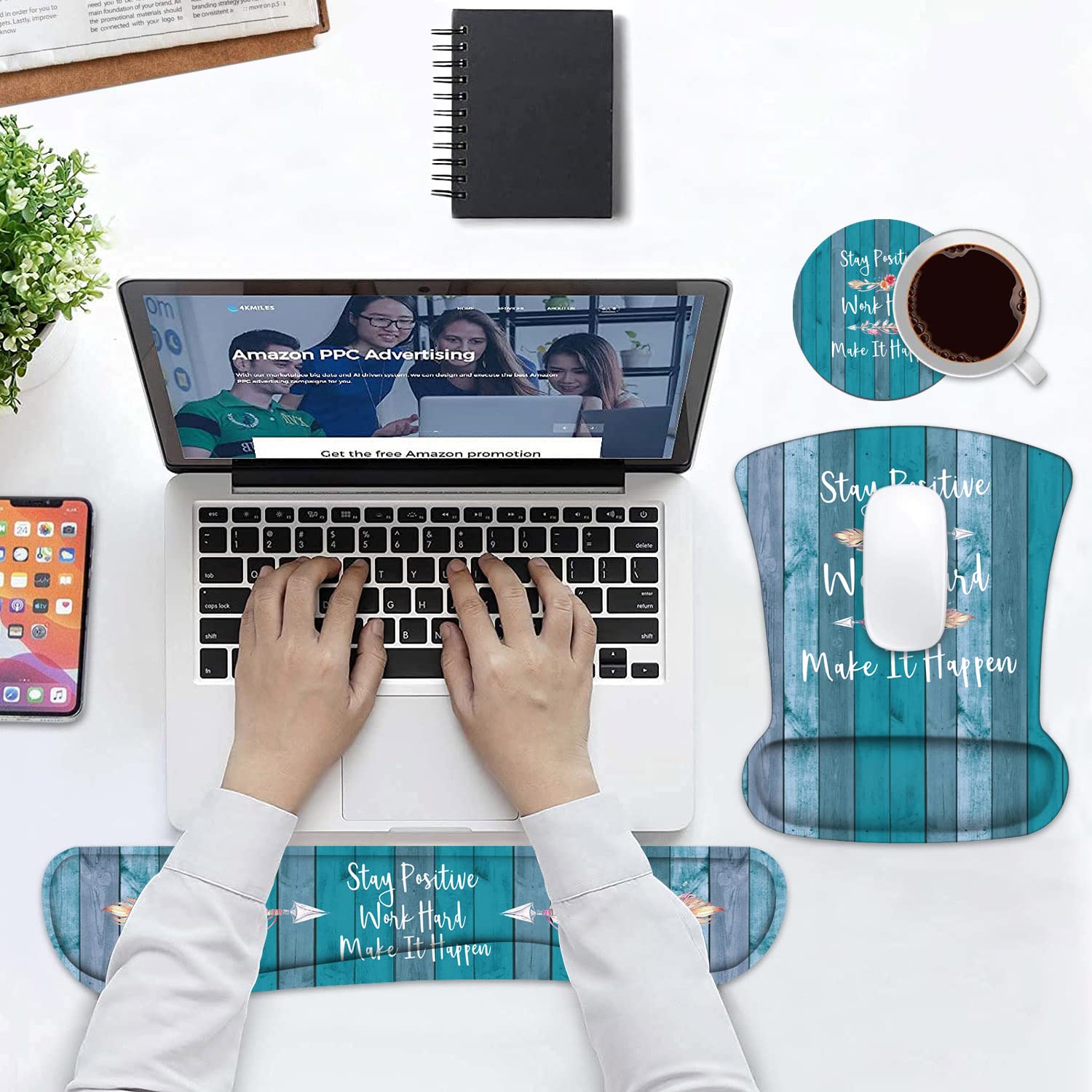 Keyboard Wrist Rest and Mouse Pad Wrist Support Set with Coasters, Stay Positive Work Hard and Make