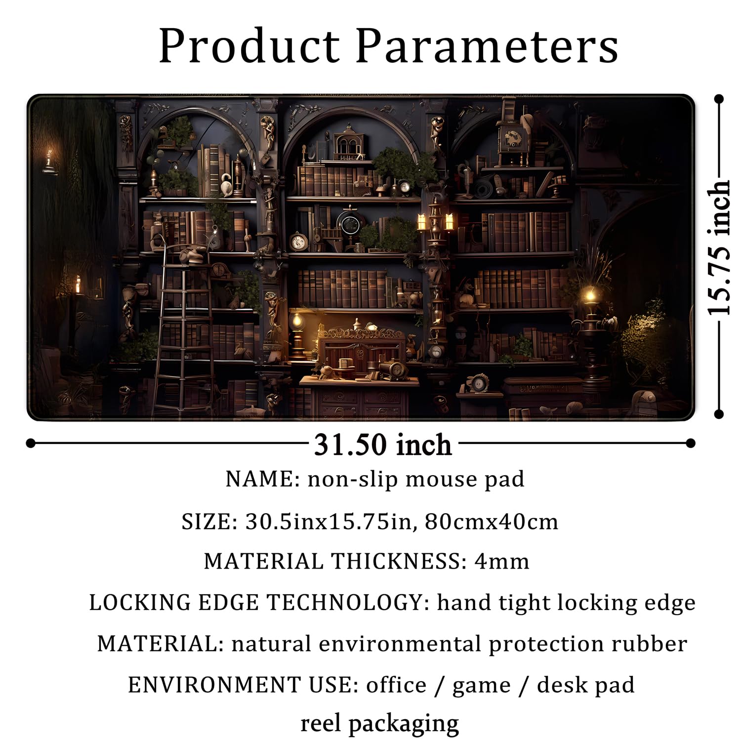 Black Vintage Gothic Desk Mat Black Dark Academia Desk Pad Medieval Bookshelf Large Flower Mouse