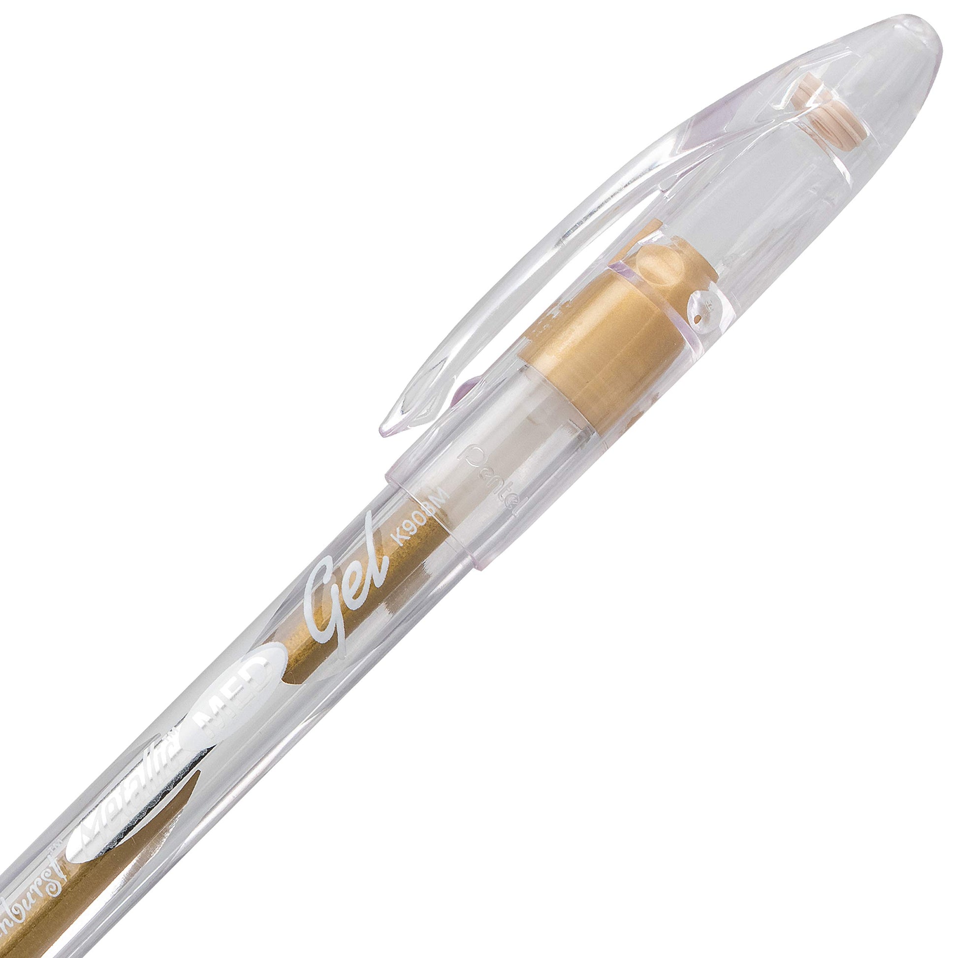Pentel Sunburst Metallic Gel Pen, Medium Tip, Gold/Transparent Barrel, Gold Ink, Box of 12 (K908-X)